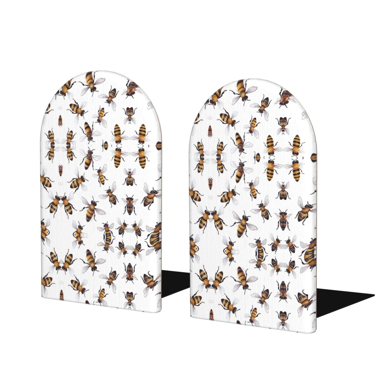 Funny Bees Stylish Bookends with Full-Print Design Durable Wooden and Metal Bookend Set for Home, Office