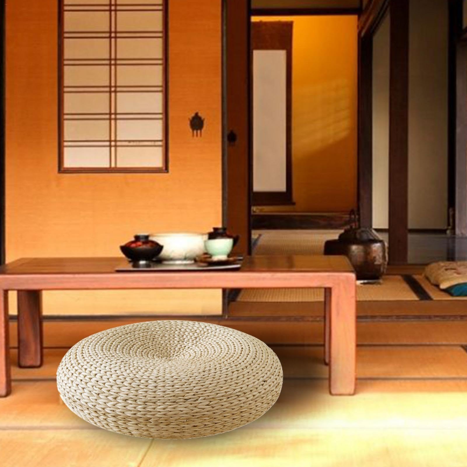 Futon, Cuscino in Vimini Naturale, Cuscino rotondo Tatami, Cuscino Seduta in Paglia da Terra Rotondo Tatami, Traspirante, Cuscino Rotondo da Pavimento, Decorazione per Salotto da Giardino