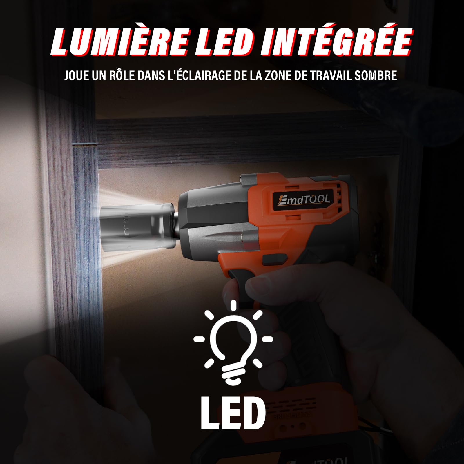 Moteur sans balais amélioré visseuses à choc électriques 1/2”Couple maximum 550n.m,lumière led intégrée,clef a choc batterie de 4,0 Ah, 2 modes de vitesse, pour boulonner et déboulonner
