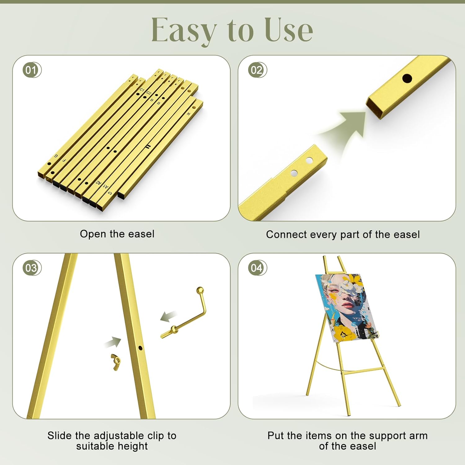 Gold Easel Stand for Sign, Heavy Duty Metal Easel Display Stand 3 Tier Height Adjustable Floor Standing Easel for Painting, Wedding, Art, Welcome Signs, Posters, Pictures, Baby Showers, Birthday Party