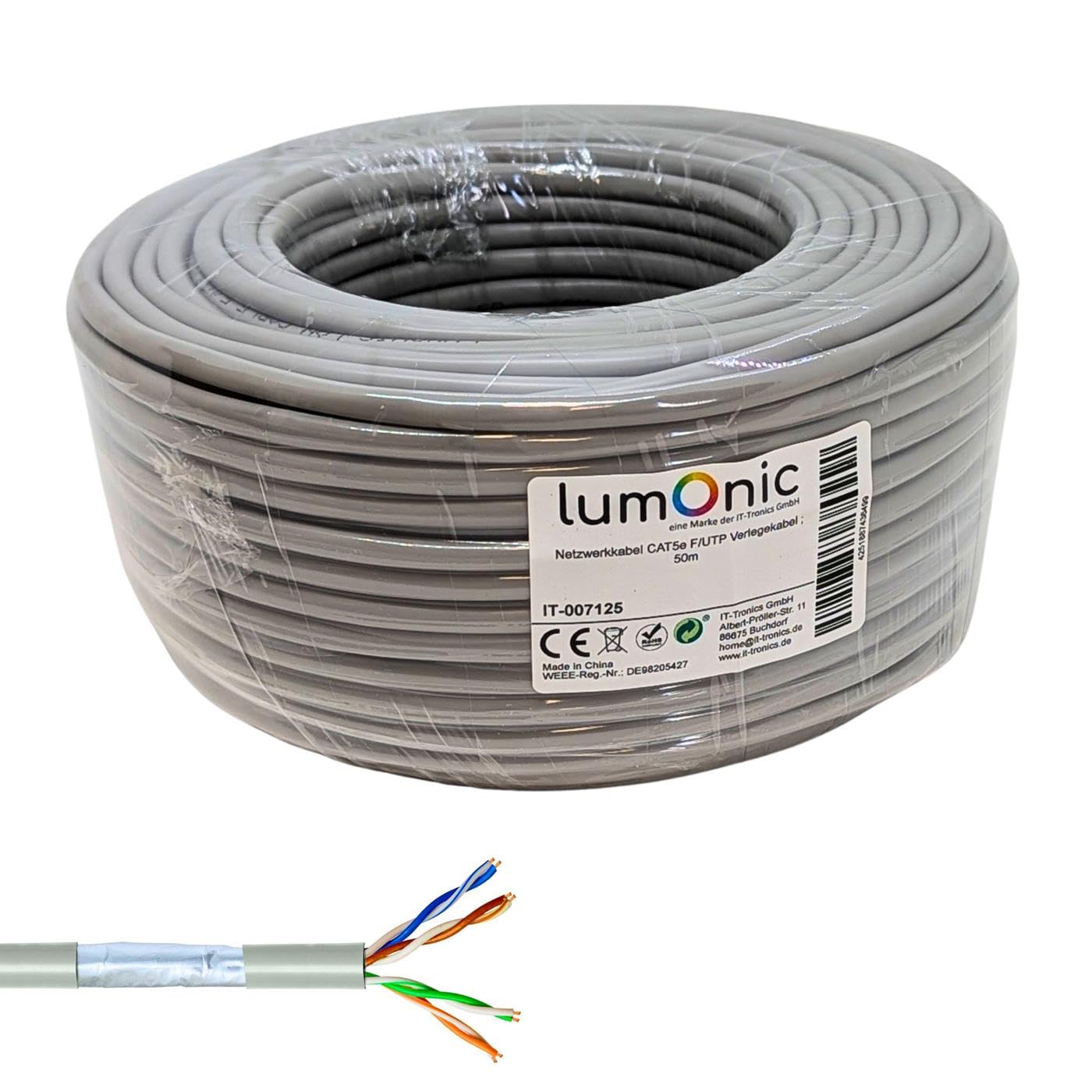 Lumonic 50m Câble de réseau CAT 5e F/UTP I CAT5e-câble, Gigabit Lan Câble, Ethernet Câble I Flexibles Verlegekabel geschirmt, pour l'intérieur jusqu'à 100 MHz