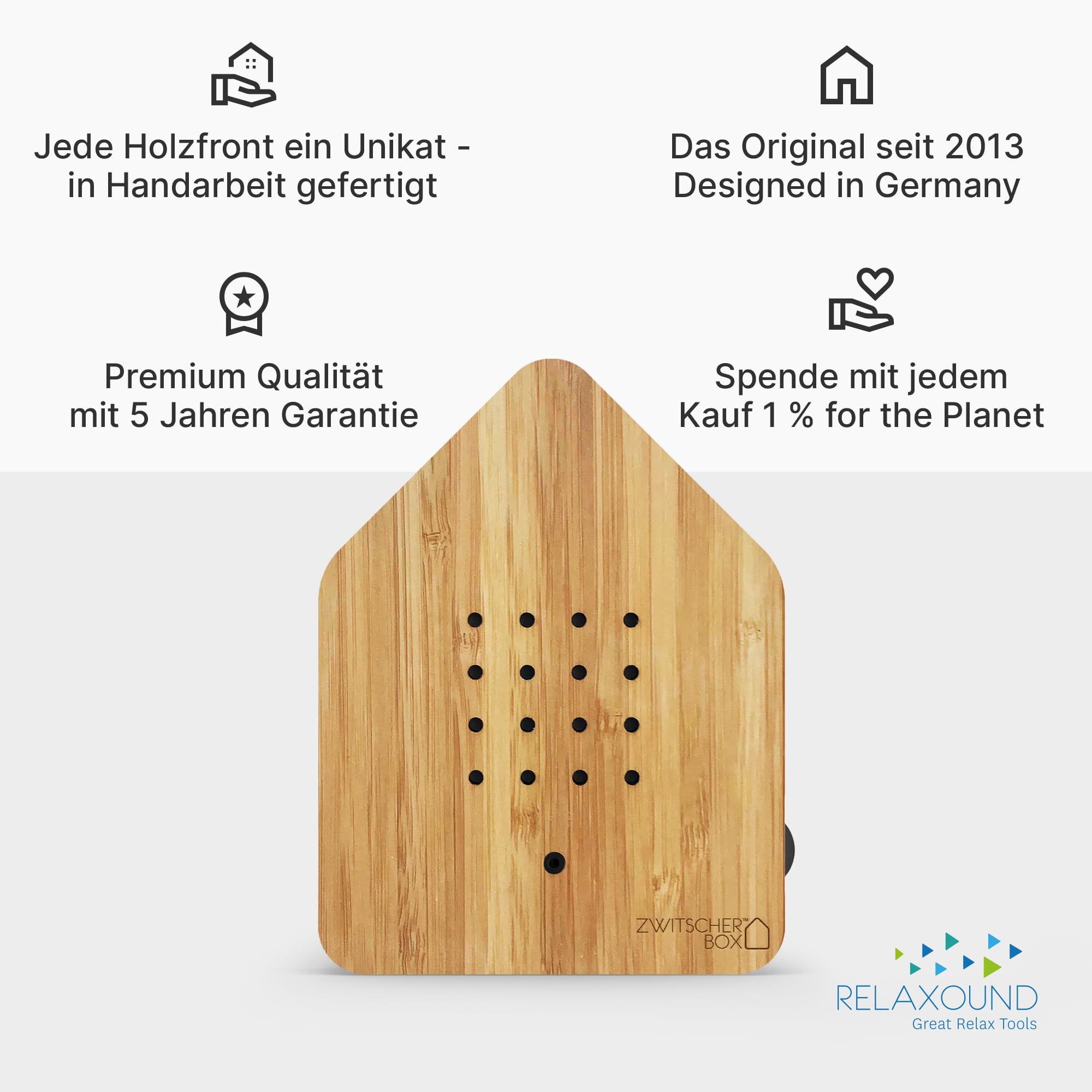 RELAXOUND ORIGINAL Zwitscherbox Wood Vollholzfront Bamboo | Vogelgesang Naturgeräusche Waldatmosphäre Soundbox