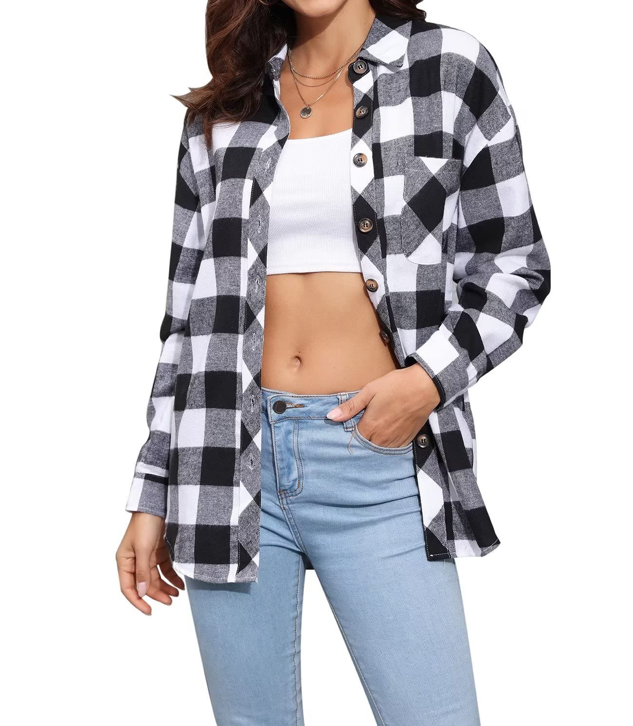 Lacozy Womens Buffalo Plaid Flannel Shirt Long Sleeve Collar Button Down Blouses Tops Plaid Shirt Black White XX-Large