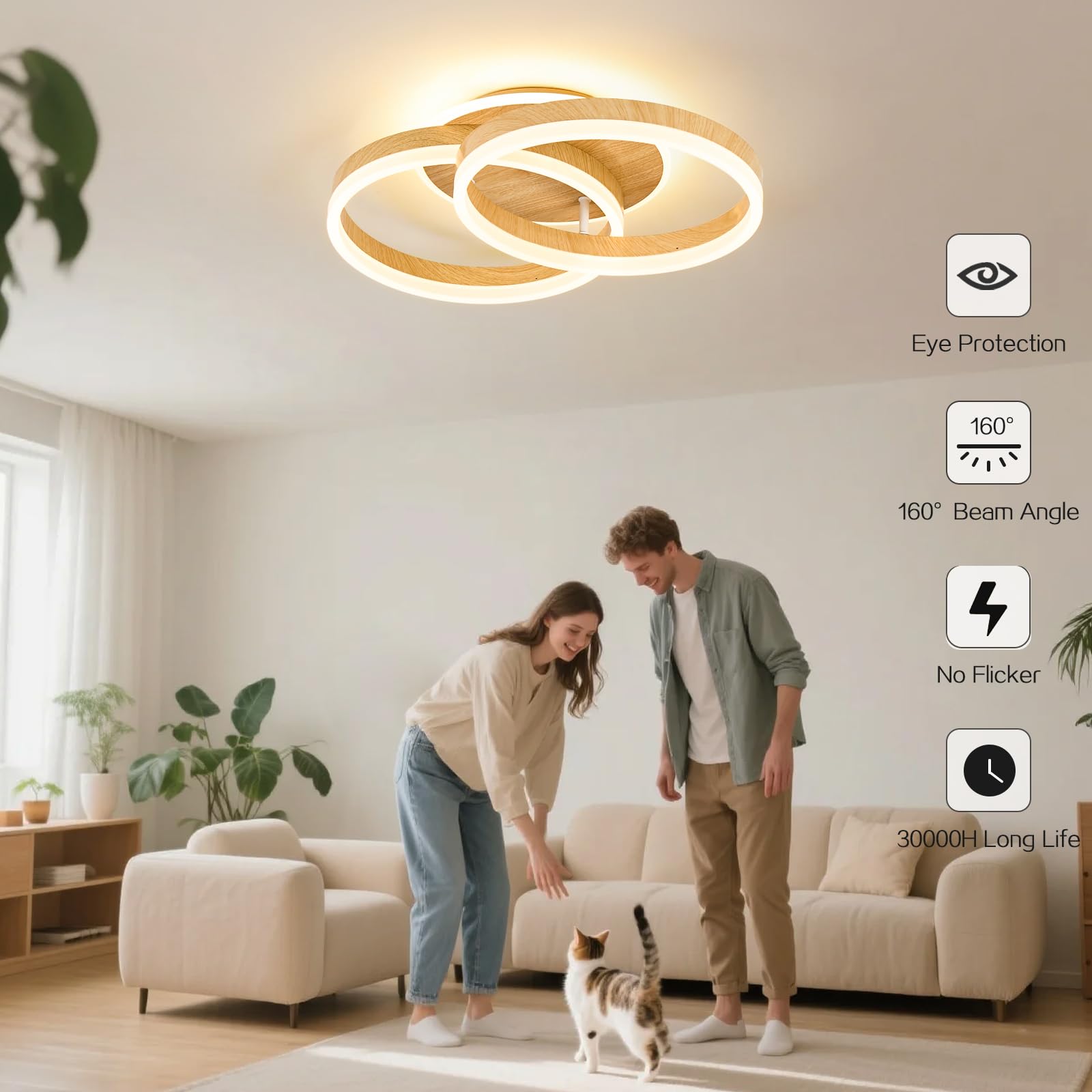 Plafón LED Salón 2 Anillos φ50 cm, 36 W Lámpara de Techo Moderna Regulable con Mando a Distancia, de Metal+Acrílico, para Sala de Estar, Dormitorio, Comedor -Imitación Madera