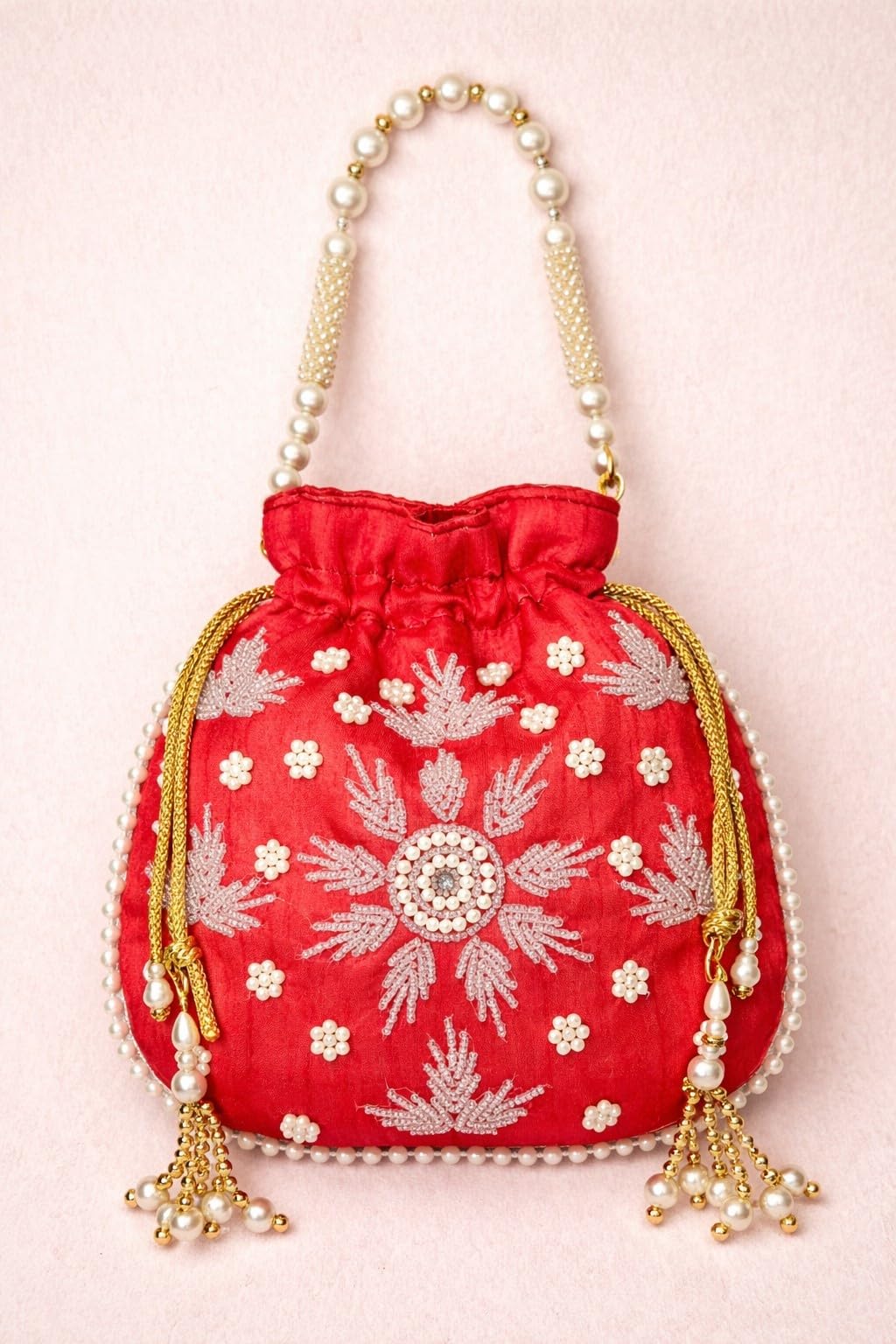 JDDCART Potli Bag Classic Red Silk Potli with Intricate Beadwork-image-35