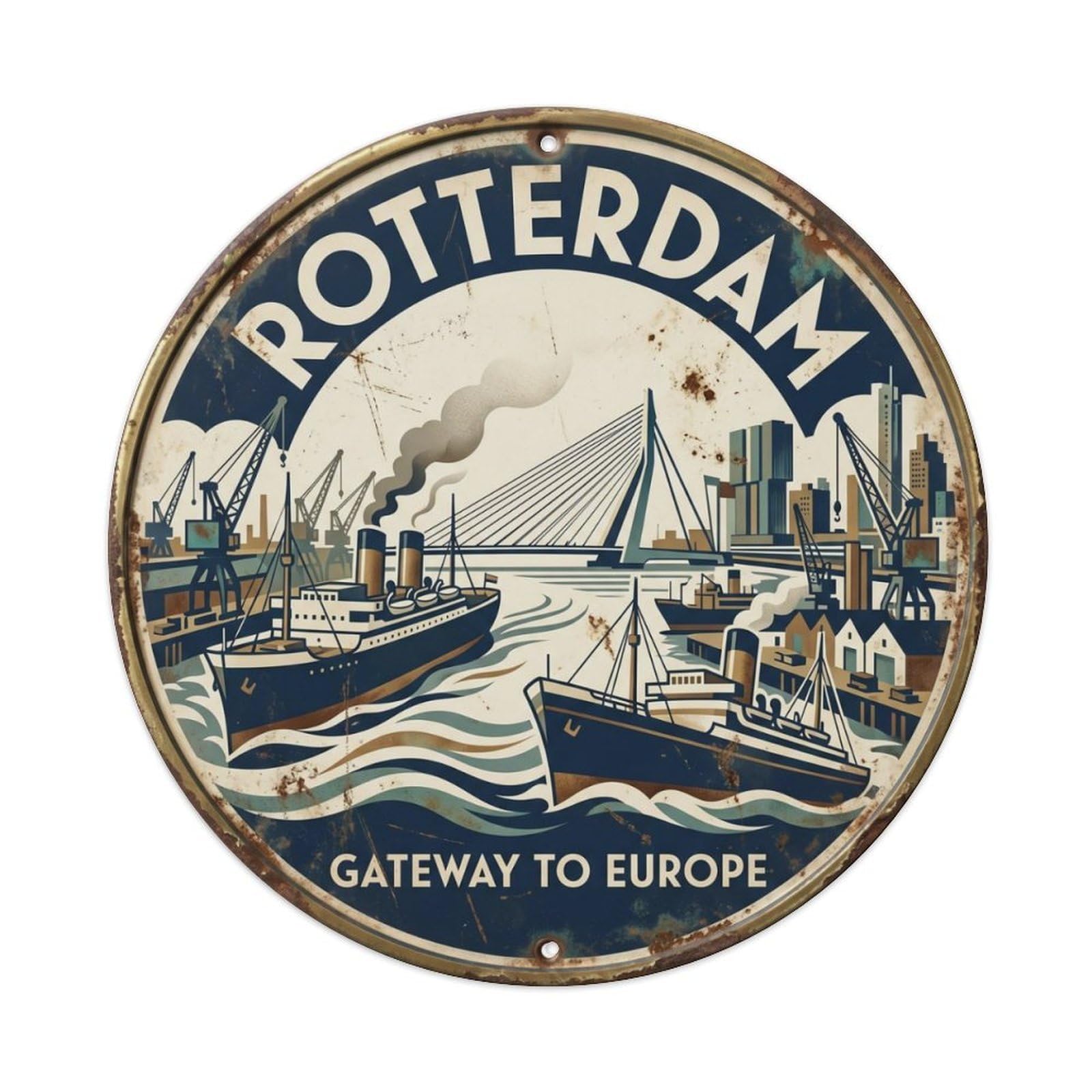 Vintage Travel Rotterdam Maritime Gateway Metal Tin Sign Plaque Wall Decor for Cafe, Club Bar, Office, Home Garden Round Metal Poster 8x8Inch