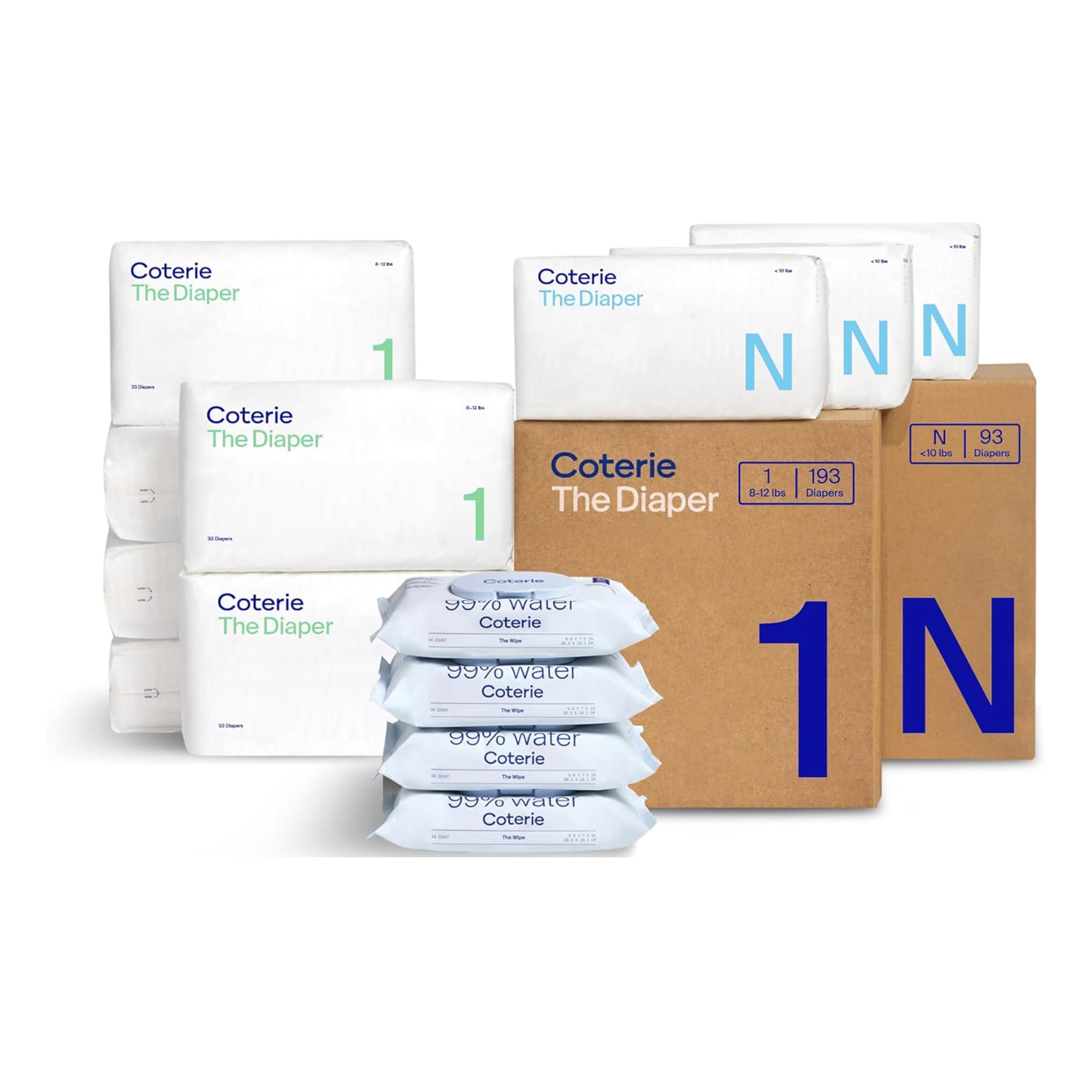 Baby Wipes + Diapers Kit, Size 1 (198 Count) & Size Newborn Diapers (93 Count), 4 Pack (224) Wipes with 99% Water, Plant Based Materials, Hypoallergenic for Sensitive Skin, Baby Essentials