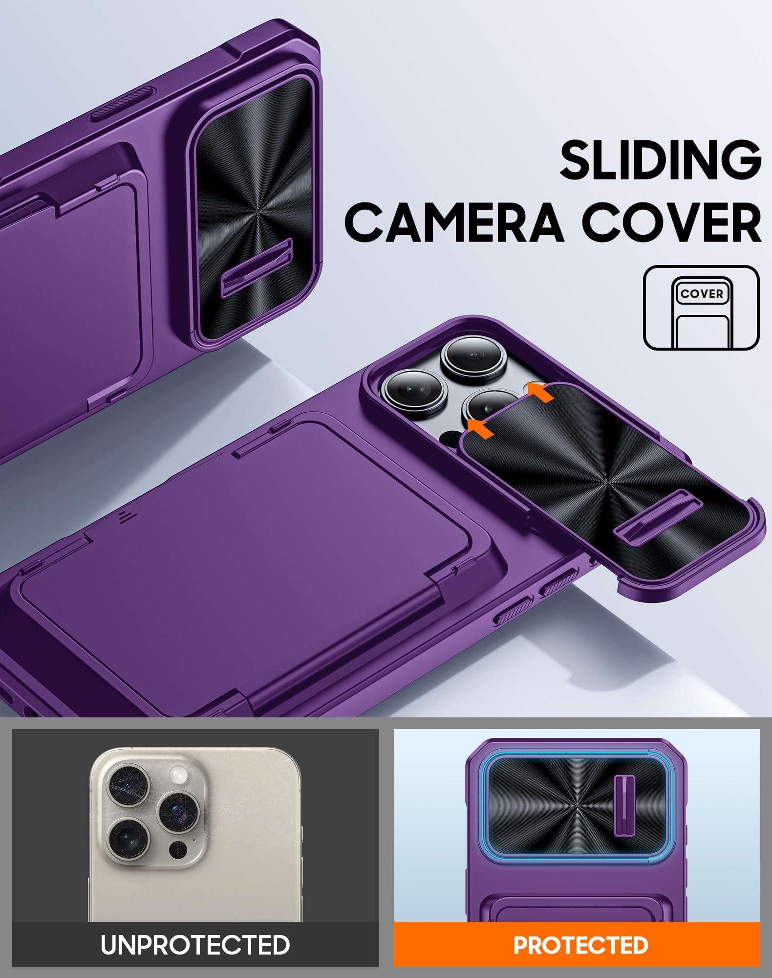 Vizvera iPhone 16 Pro Max Case with RFID Card Holder, Slide Camera Cover, Kickstand, Matte Hard Back, TPU Soft Edge Case - Purple - Image 4
