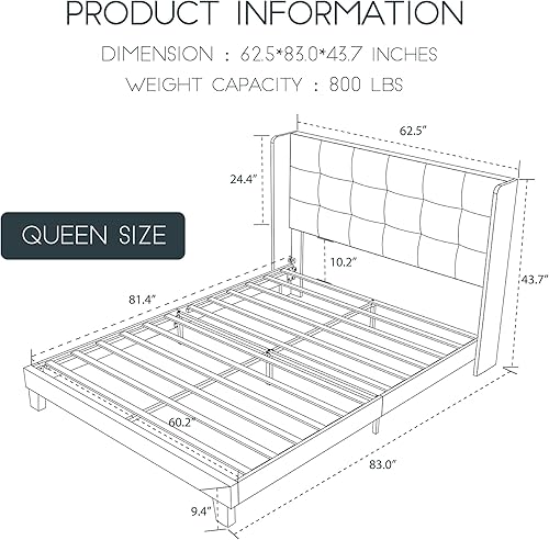 Miniatura 2 de Einfach Marco de cama tapizado Queen con plataforma de ala con cabecerabase de colchón con soporte de listones de madera y cabecera cosida cuadrada