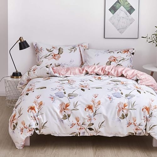 OAITE - Juego de funda de edredón de 100% algodón con patrón floral, juego de ropa de cama suave que incluye 3 piezas (2 fundas de almohada, 1 funda