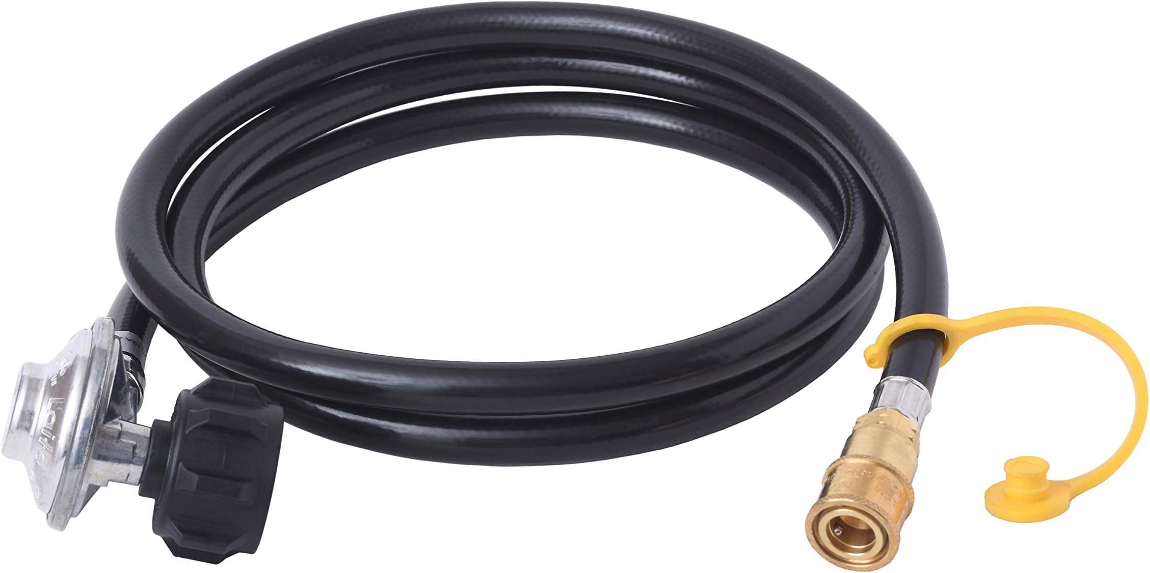 Flame King 90 Degree Low-Pressure Propane Gas Regulator Hose with Quick Connect for RVs, Grills, Heaters, Burners, 8 Feet - LPRH8