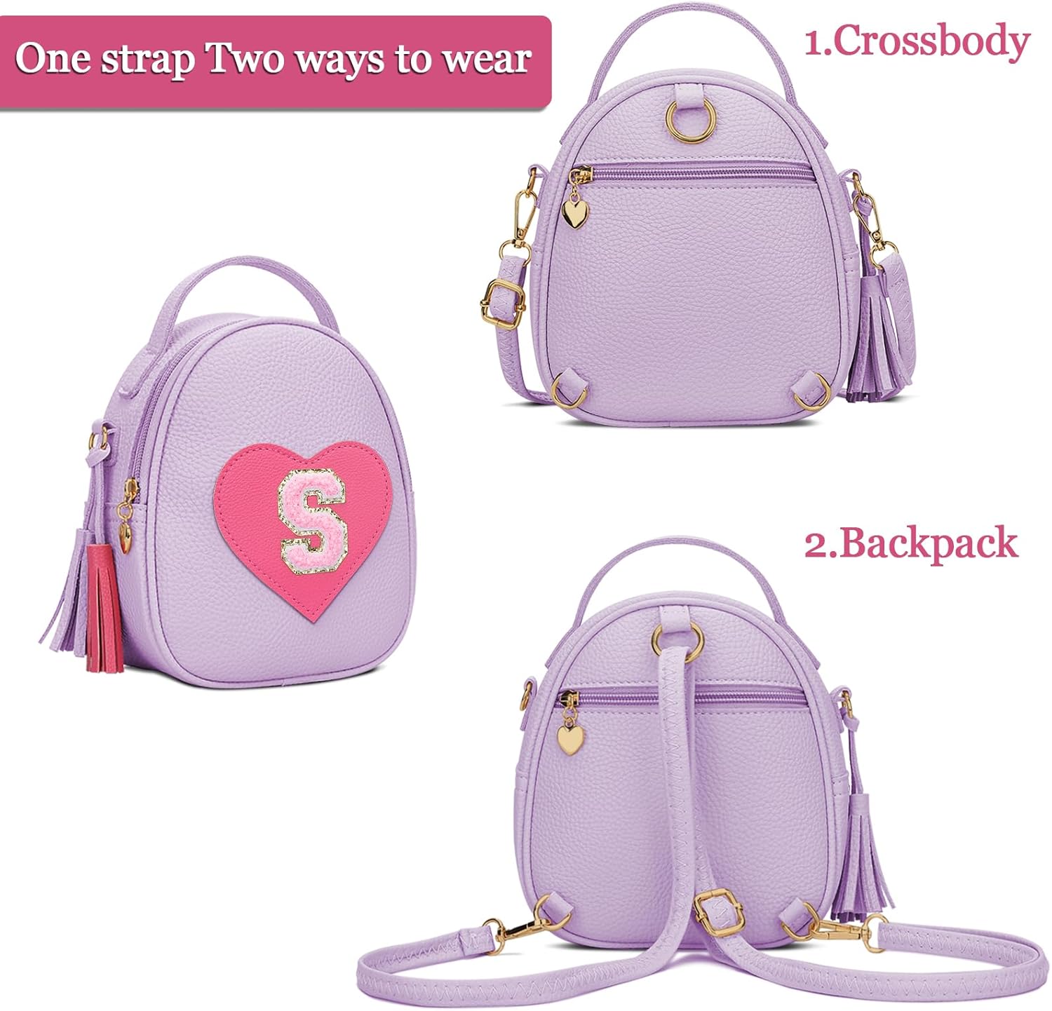 KKXIU Purse Gifts for Girls Cute Little Girl Crossbody Bag Heart Kids Small Backpack with Tassel (Purple-S) - Image 4