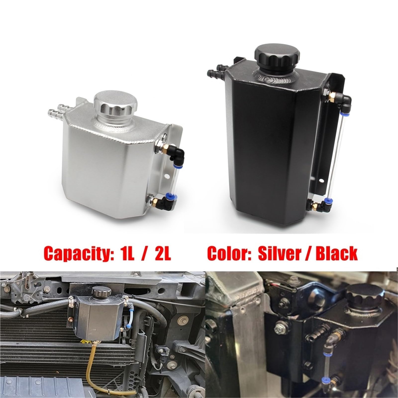 Uniwersalny 1L/2L Aluminiowy Zbiornik Na Olej Płyn Chłodzący Silnik Chłodnica Paliwa Z Korkiem Spustowym Odpowietrznik(1L-Black)