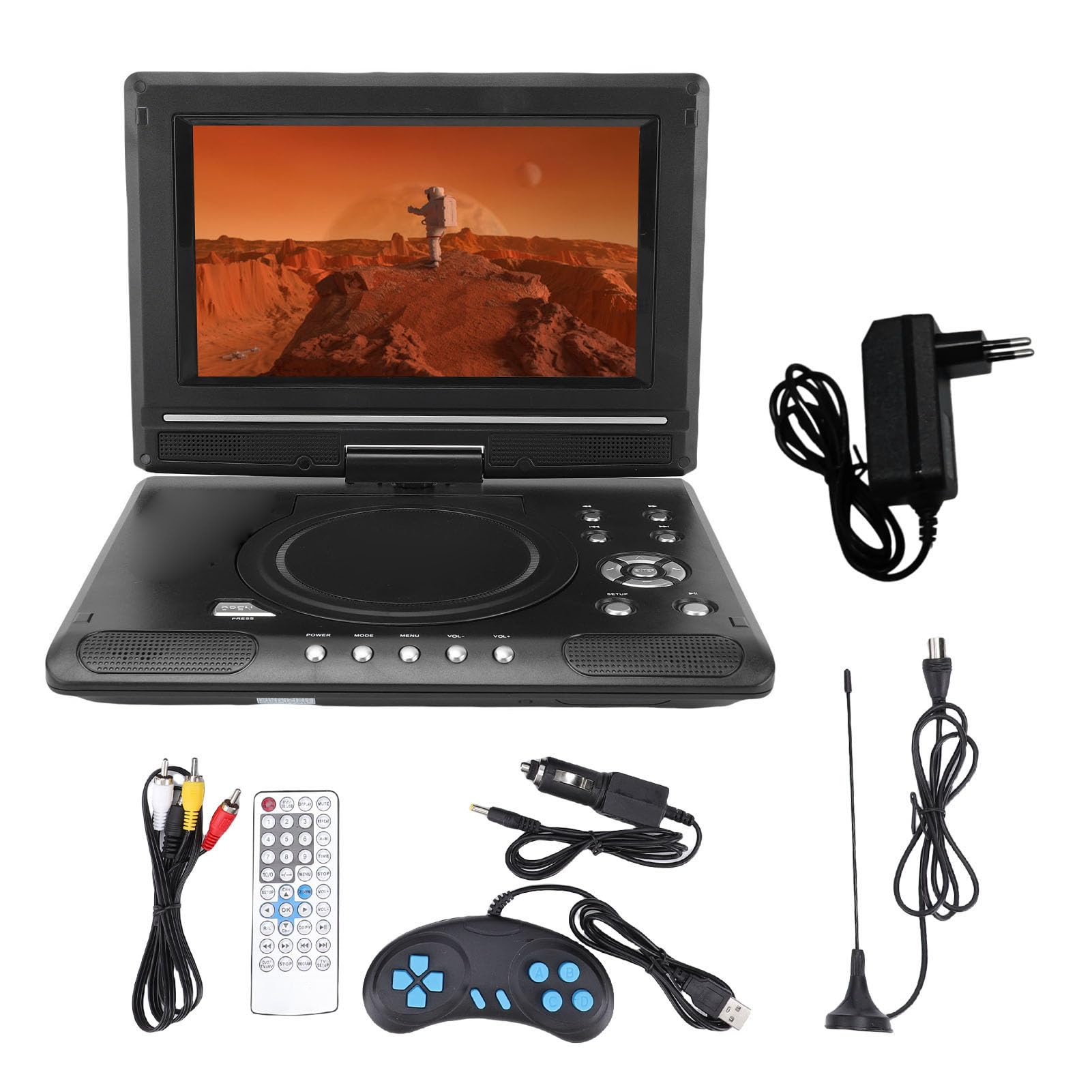 Jectse Lecteur DVD Portable de 9,8 Pouces avec télécommande, écran pivotant, Deux Haut-parleurs, Prise en Charge de l'entrée USB, de la Sortie AV et de Plusieurs (Prise UE)