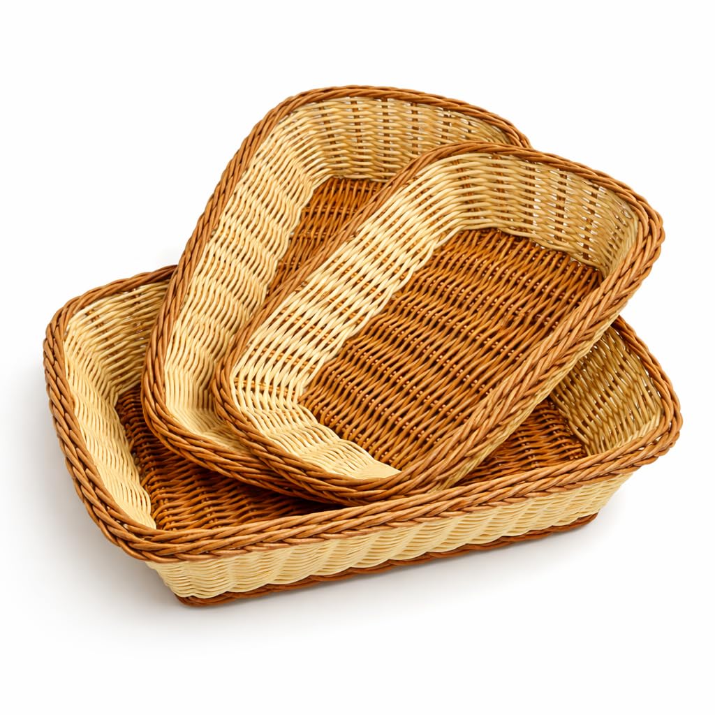 Cestos em Vime Sintético Kit 3 Bandejas para Mesa Posta Café da Manhã Organização