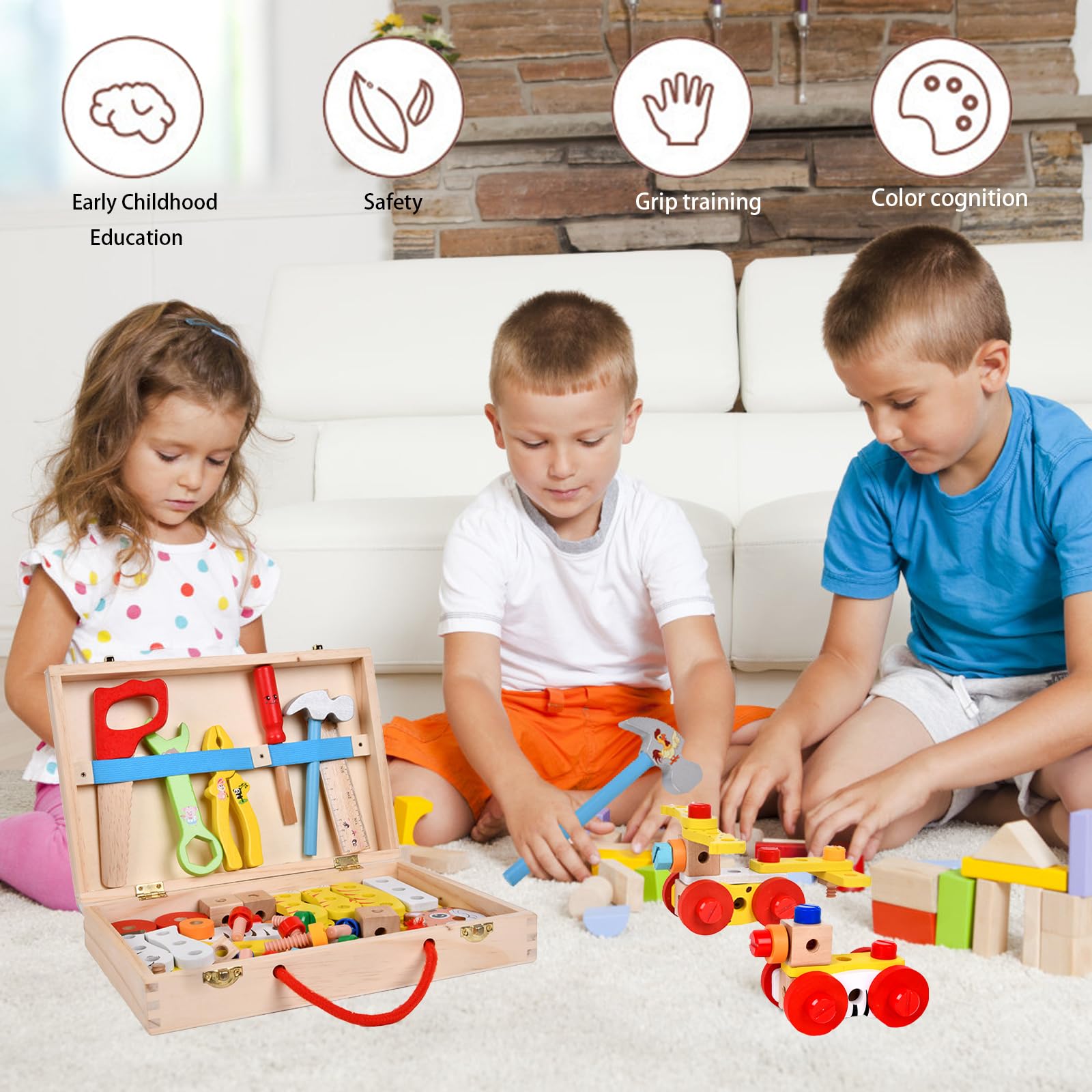 Maletín De Herramientas Montessori De Madera – 58 Piezas Para Niños De 2 A 6 Años, Juguete Educativo Con Martillo Y Destornillador, Incluye Asa Para Llevar