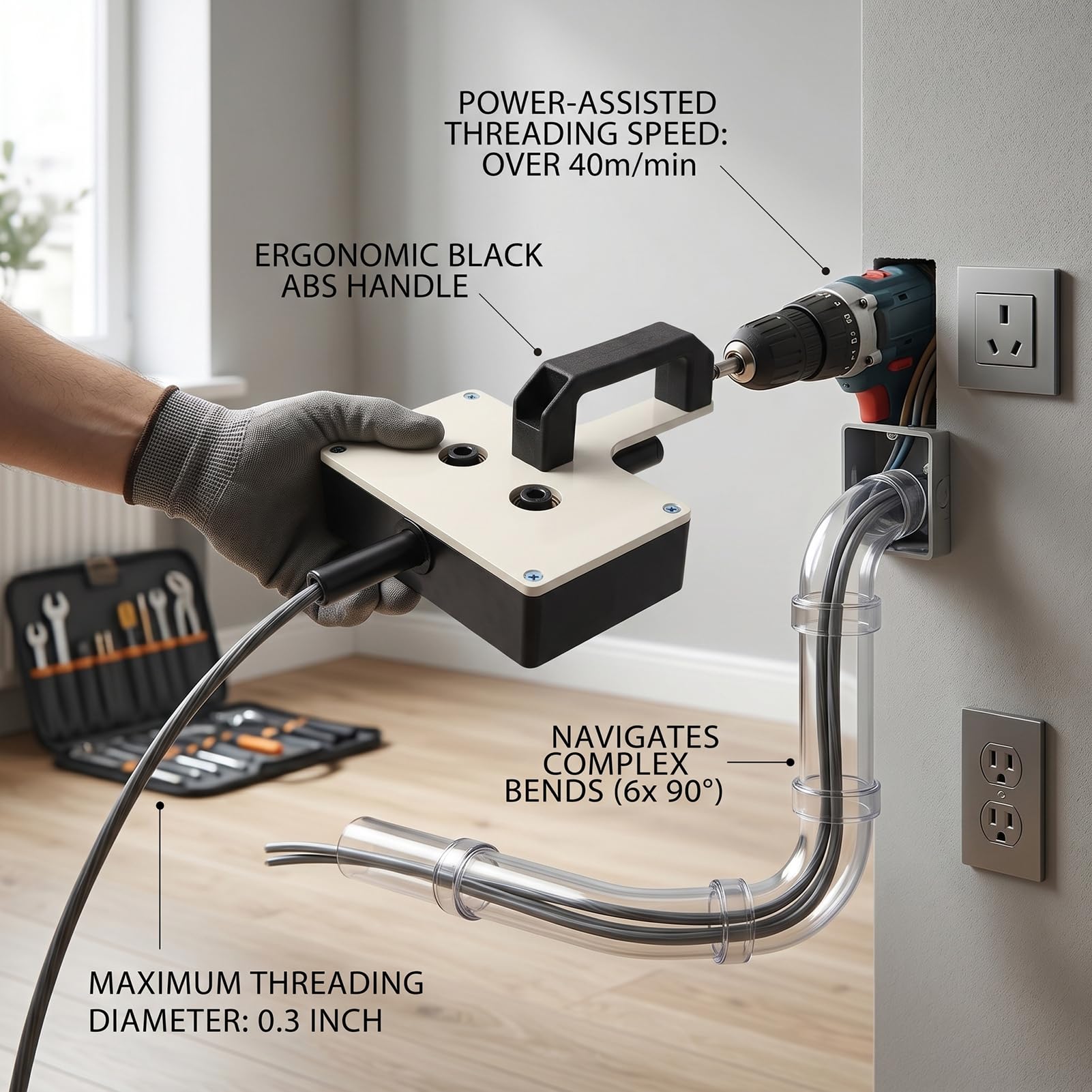 Focket Strumento Efficiente per Tirare Cavi, Estrattore di Cavi Professionale per Elettricisti con Filettatura Automatica Alimentata da Trapano per Progetti di Condotti Stretti