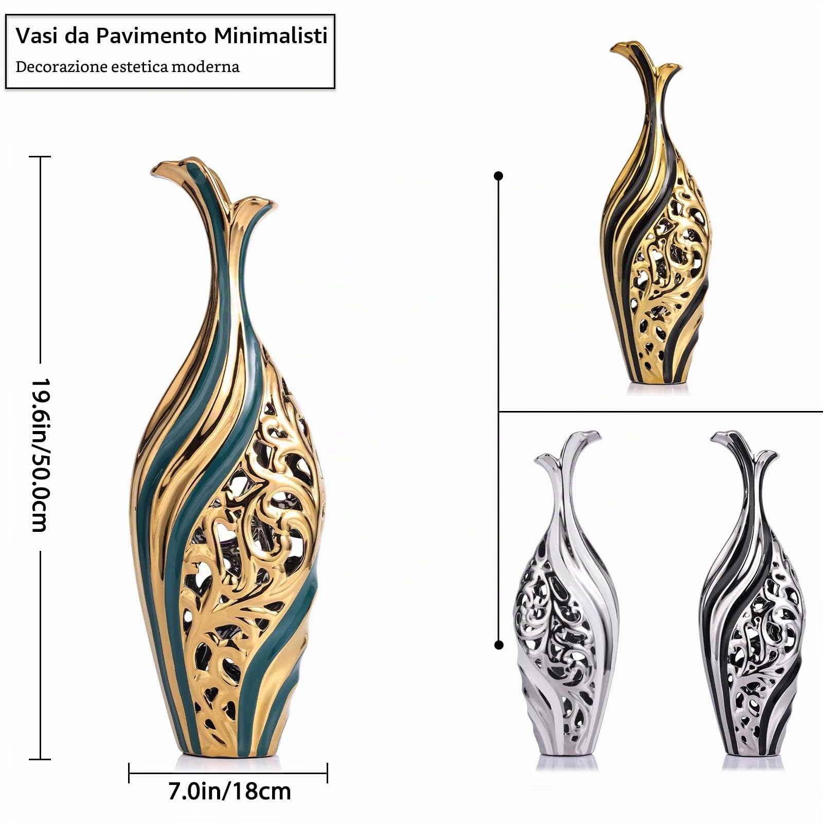 LCCCK Vaso moderno in ceramica, alto 49,8 cm, nero oro, ideale per erba della pampa e composizioni floreali, vaso decorativo da pavimento per soggiorno, sala da pranzo, ingresso