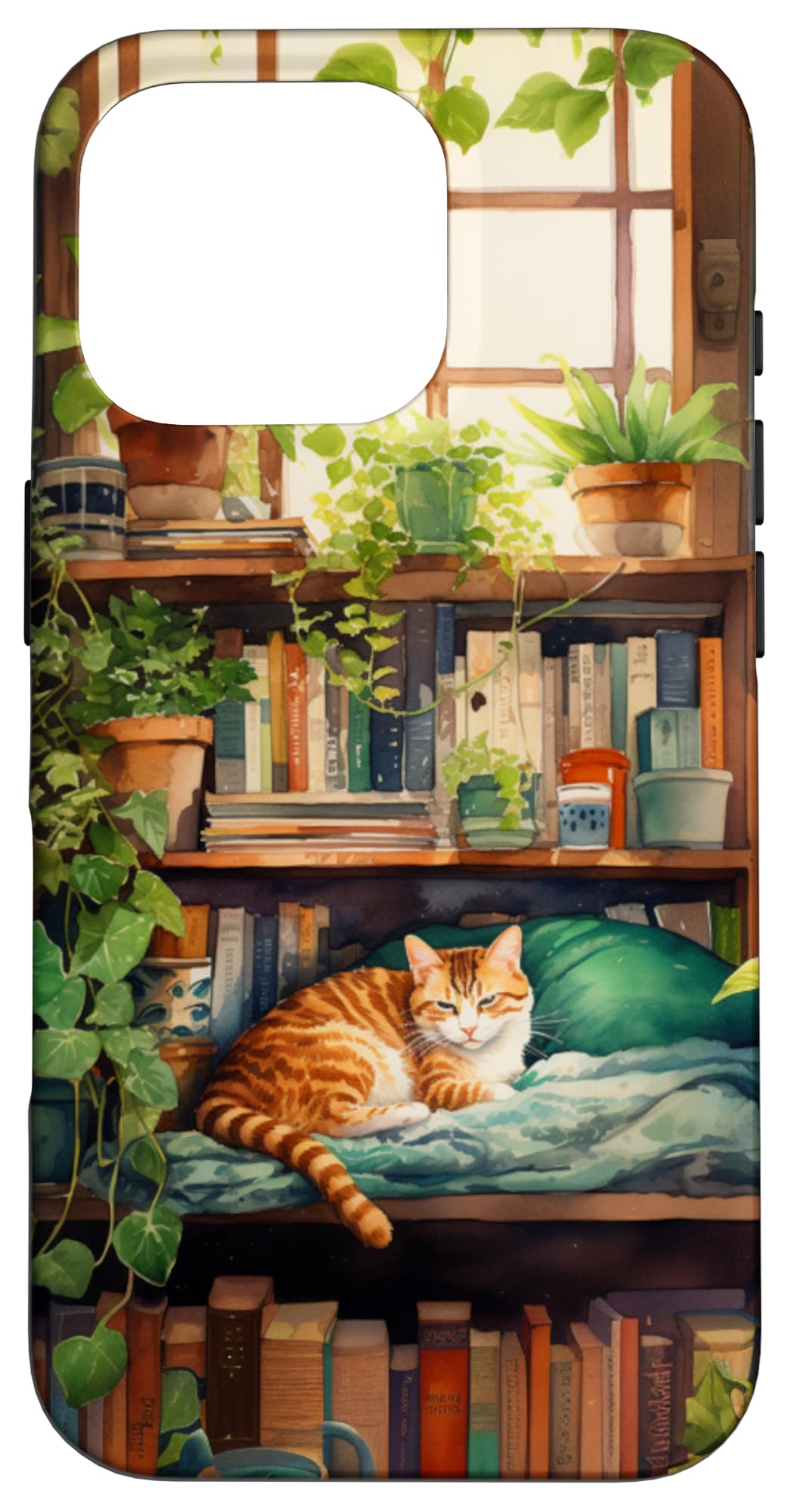 Book Shelf Bookworm Cat Vintage Books House Plants Library Case for iPhone 16 Pro