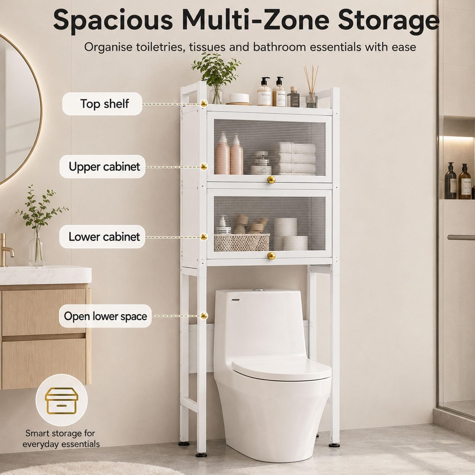 Mobile Portaoggetti Sopra WC, Armadietto Bagno a 3 Livelli con Ante