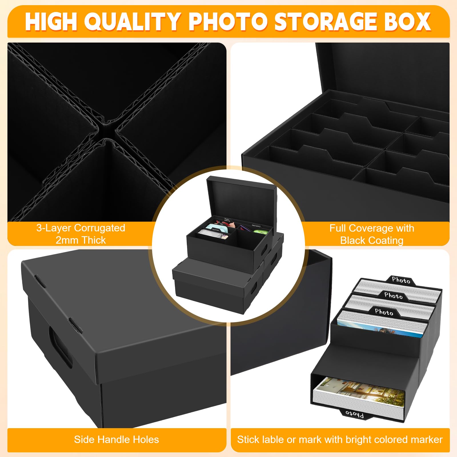 3 Stück Fotoaufbewahrungsbox, Fotobox Aufbewahrungsbox mit Deckel für 10x15 cm Fotos, Aufbewahrungsboxen schwarz Fotoalben Foto-Organizer aus Pappe für Handwerk Aufkleber Foto