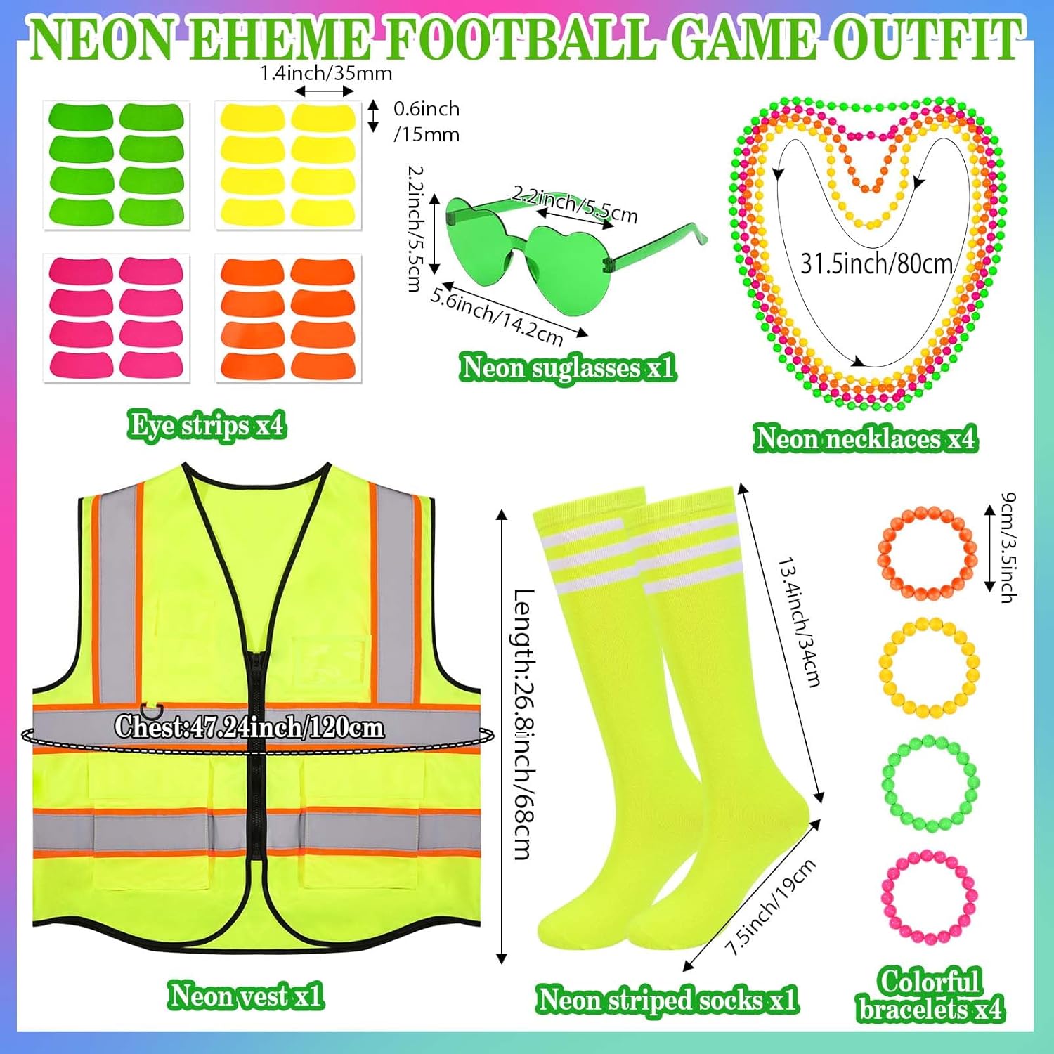 6Pcs Neon Costume Outfit Including Neon Reflective Vest Sunglasses Beaded Bracelet Socks for Women for Glow Party 70s 80s Party Neon Football Game Accessories - Image 2