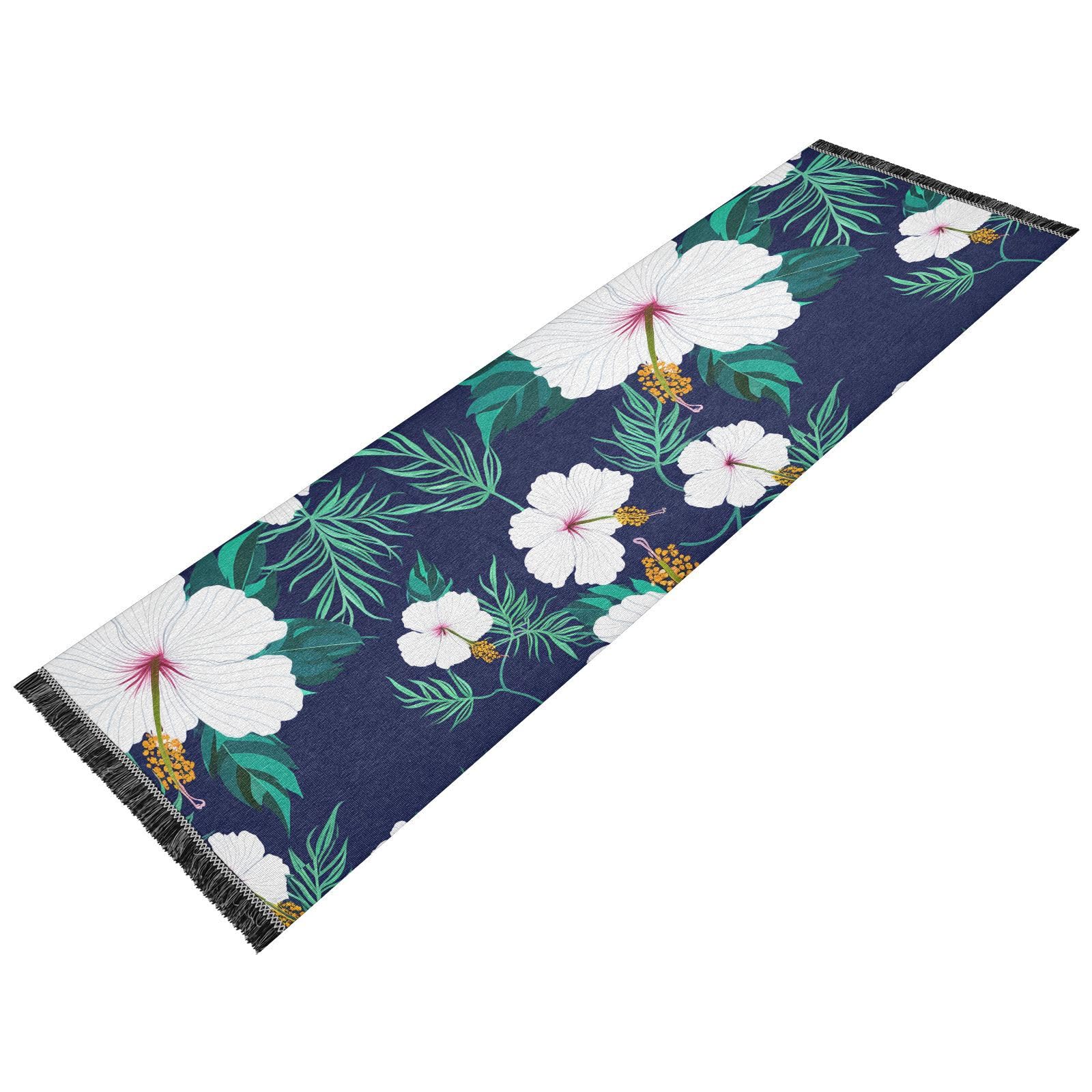 Hibiscus Tropical Blue Leaves Runner Rug for Hallways Kitchen Rugs Washable Rug for Entryway Bathroom Living Room