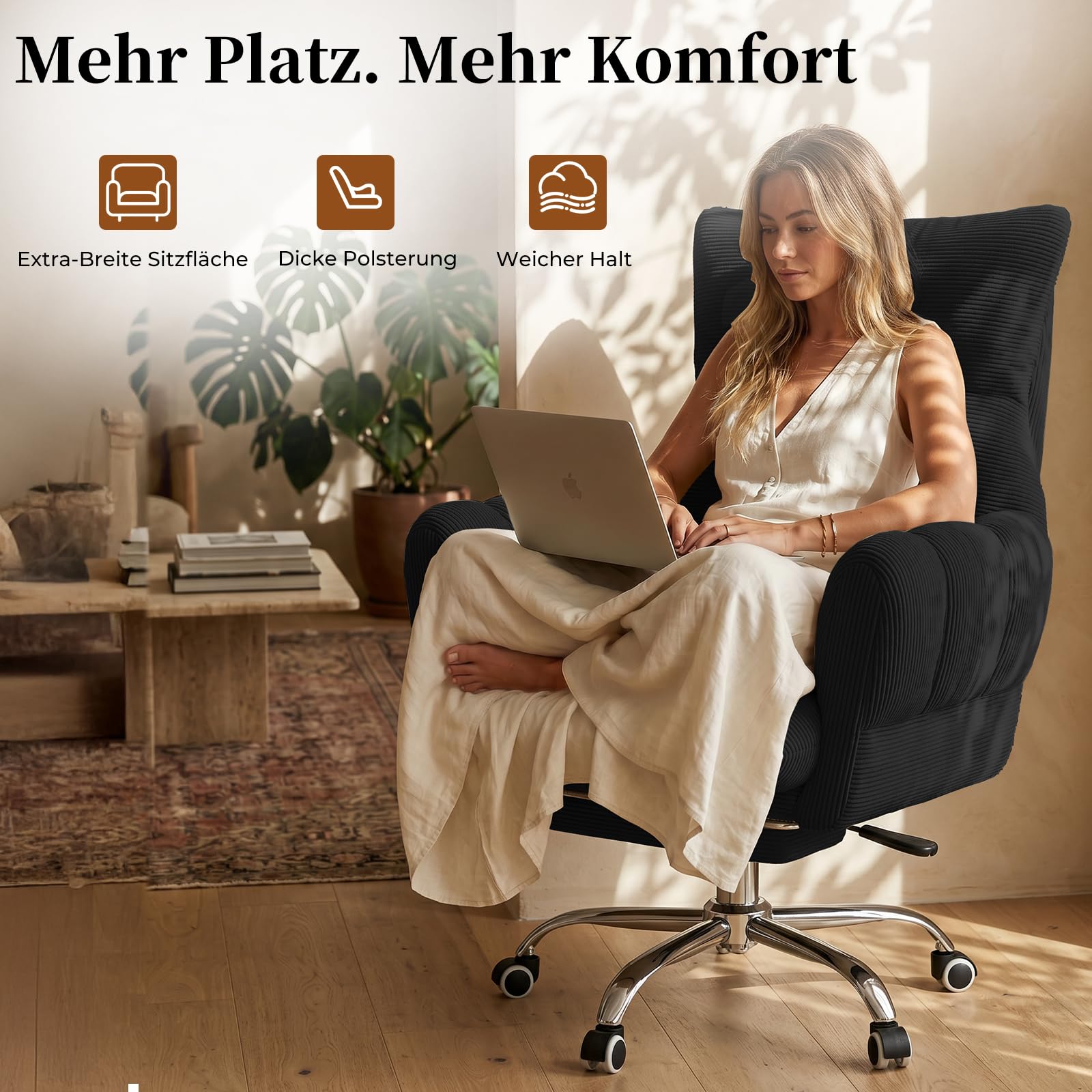 HOMRELEXA Bürostuhl, Schreibtischstuhl mit Fußstütze, klappbaren Armlehnen, 90°–135° Verstellbarer Rückenlehne, extra breiter 60-cm-Sitzfläche für Schneidersitz, ergonomischer Gamingstuhl, Schwarz | Klappbaren Armlehnen, Ausziehbarer Fußstütze, 90°–135° V
