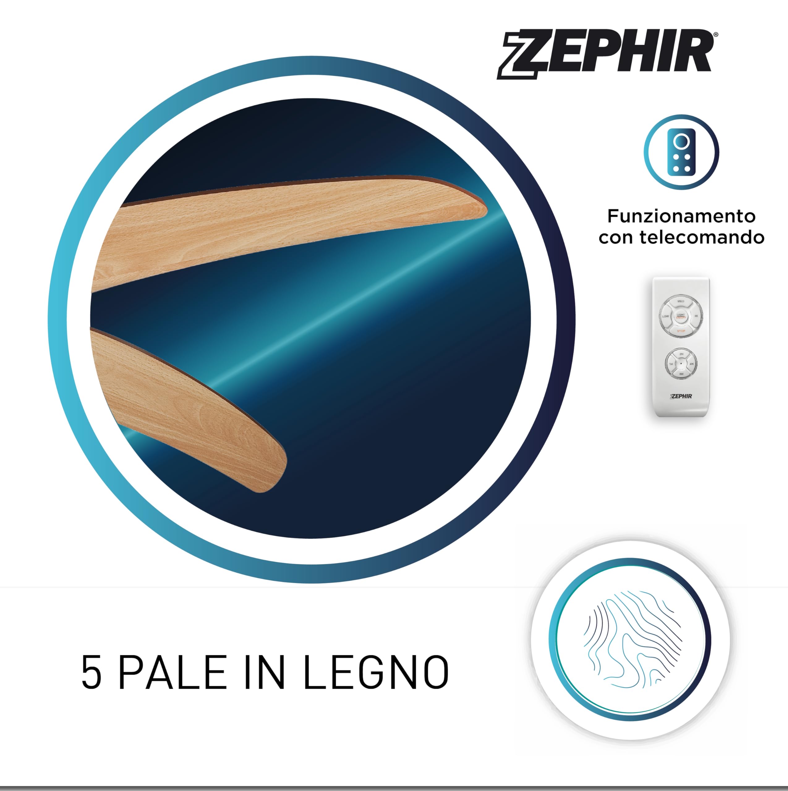 Zephir, Ventilatore da Soffitto, 5 Pale in Legno, Ventilatore con Luce, diametro 132 cm (Ricondizionato)