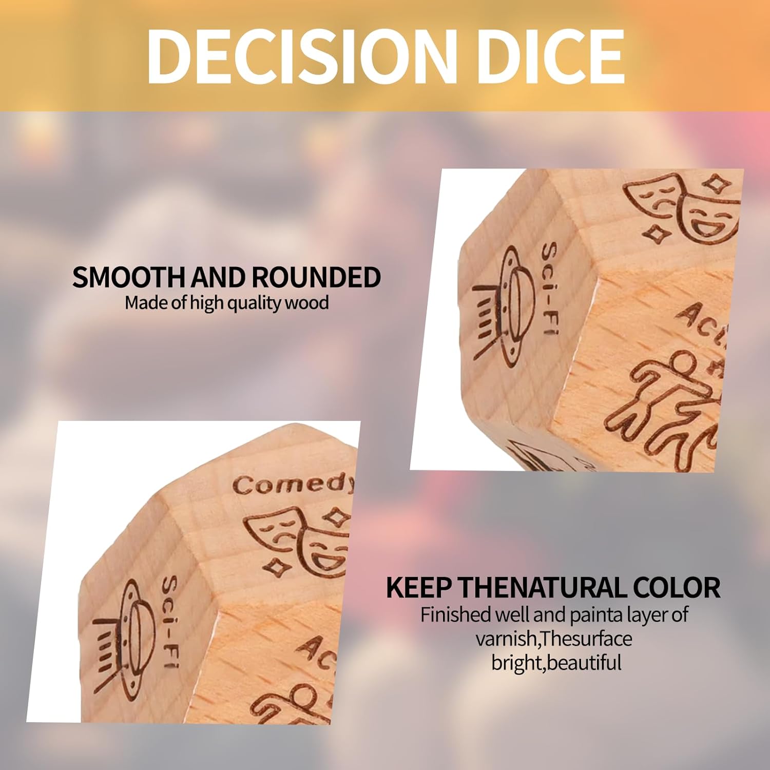BoAn Date Night Dice for Couples(2PC) - 12-Sided Wooden Decision Dice for Food & Movie Choices | Valentine's Anniversary Birthday Gifts for Her/Him, Wife, Husband