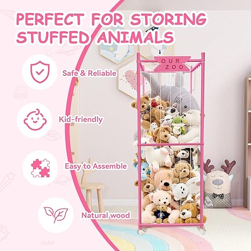 Miniatura 9 de Zoológico de almacenamiento de animales de peluche con ruedas, soporte de madera grande de peluches de animales, organizador de juguetes para niños,