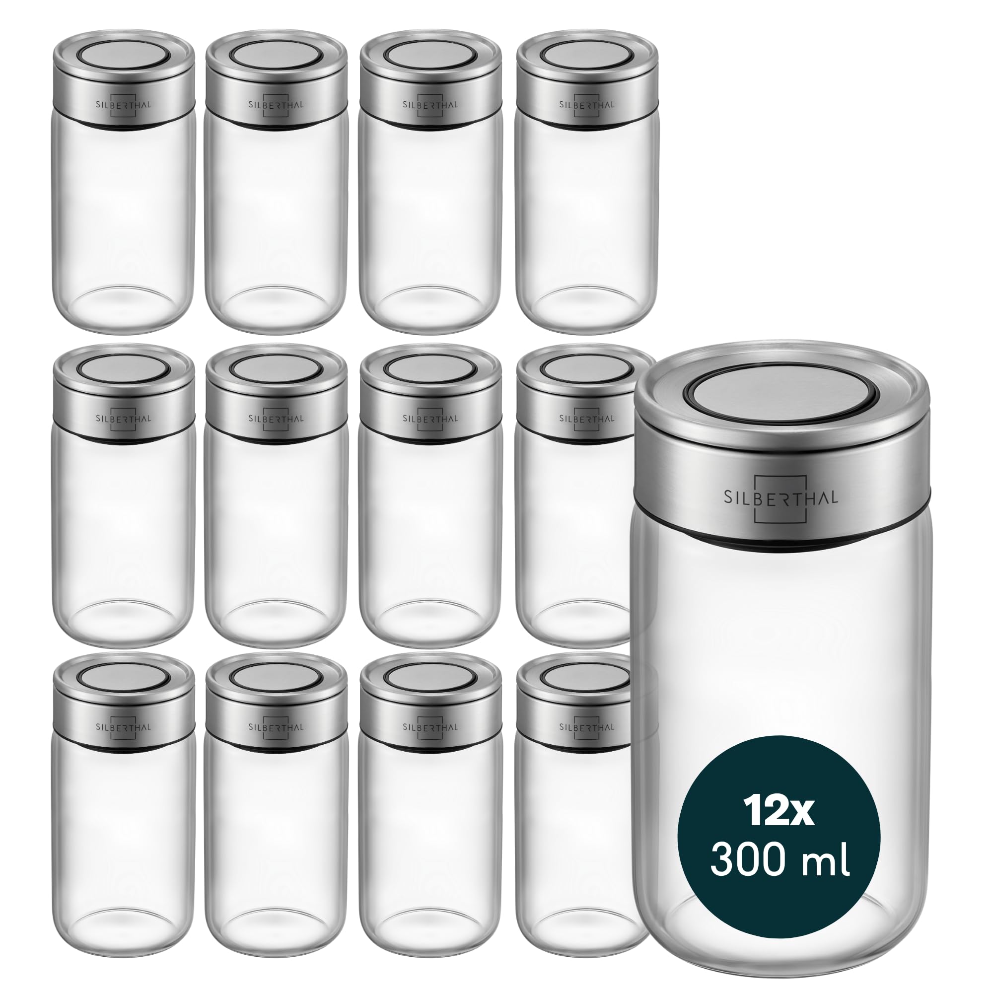 SILBERTHAL Set 12 barattoli porta spezie in vetro 300 ml – Coperchio inox