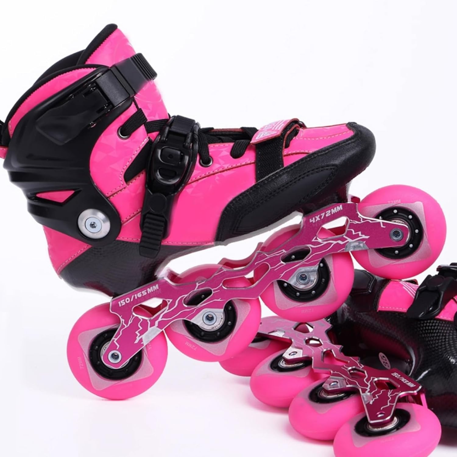 Pink inline skateboard wheels installed on inline skates