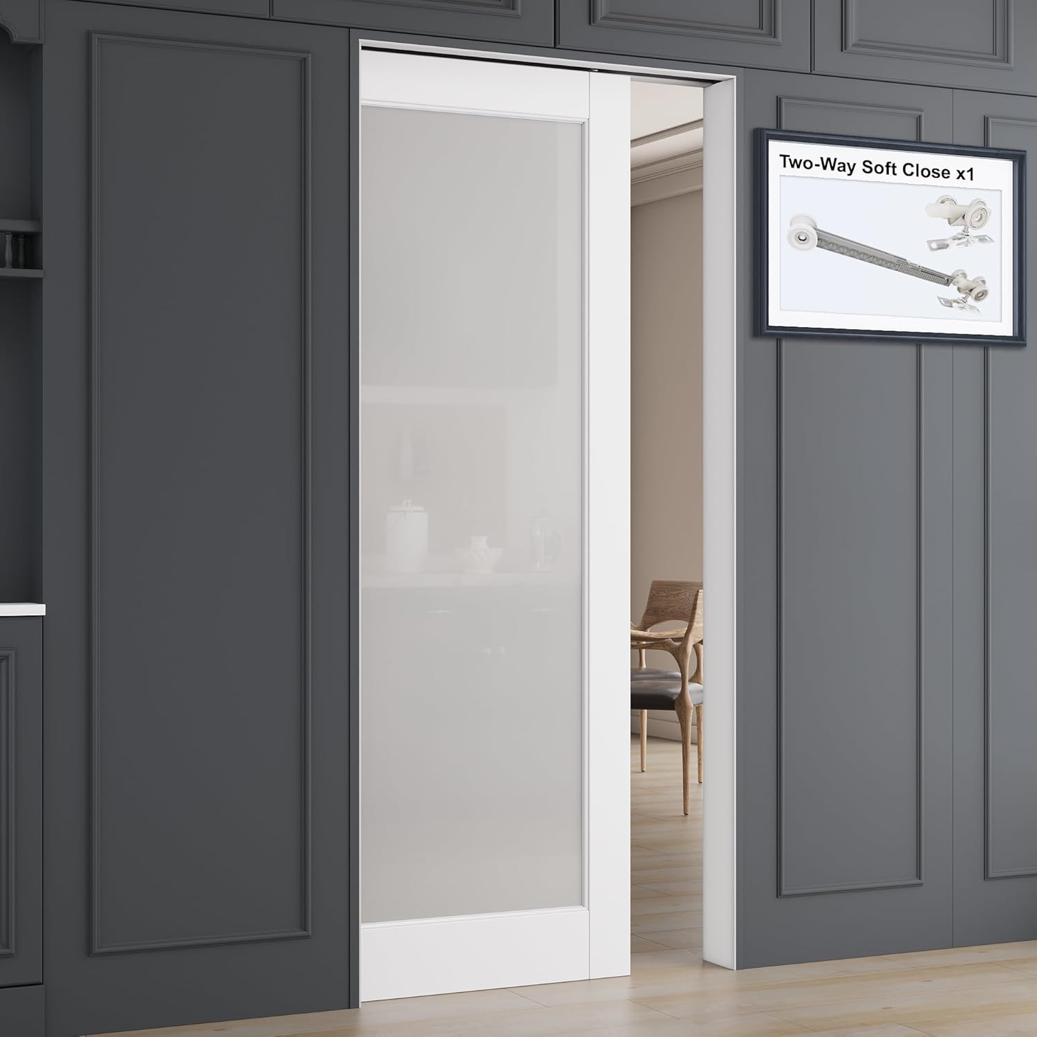 All-Inclusive Soft-Close Sliding Pocket Door 32" x 80" Frosted Glass Sliding Doors with Frame & Hardware Kit, Pocket Interior Doors for Home, White Primed