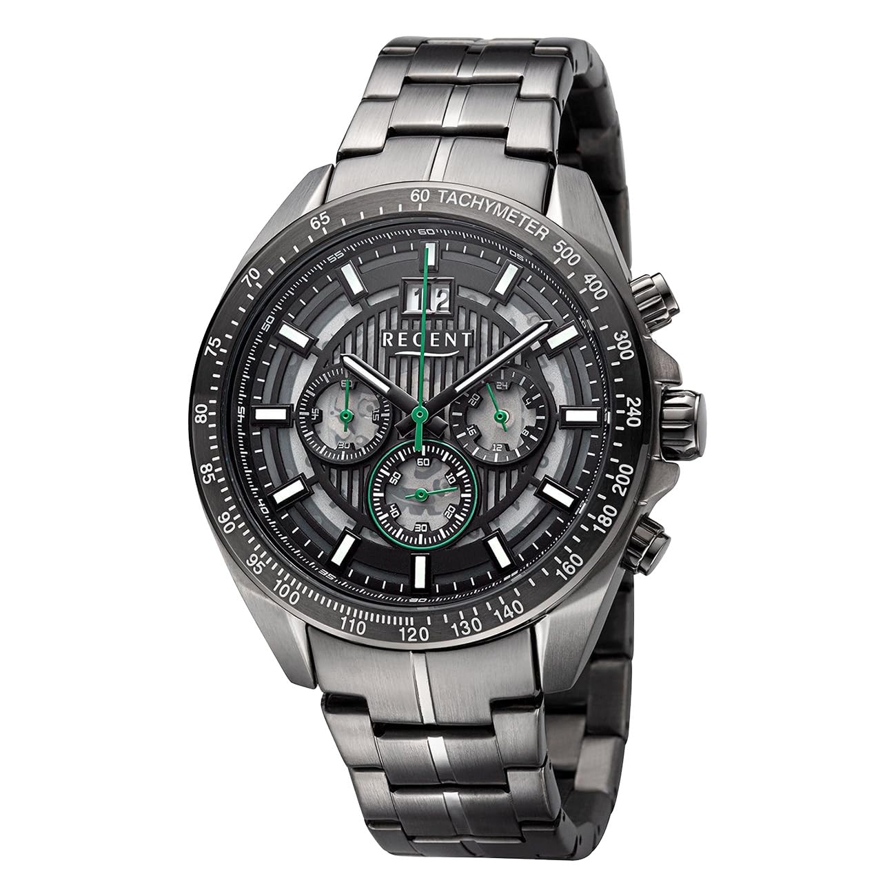 REGENT Orologio da uomo, cronografo, in acciaio inox, con cinturino a maglia, analogico, 10 ATM, BA-832, Pistola-nero-verde, Bracciale