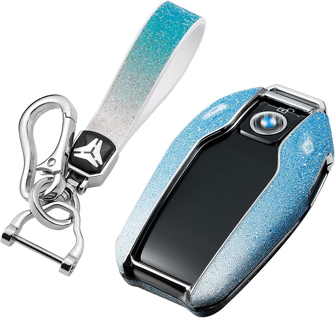 SANRILY Bling Gradient Blue Key Fob Cover for BMW Smart Display Key Keyless Keychain Holder Key Protector Case Shell for BMW 5 7 Series Display Remote