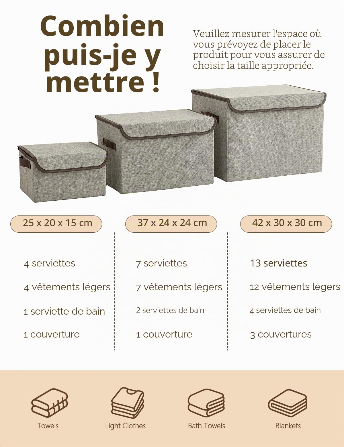Bagnizer Lot de 3 grandes boîtes de rangement pliables en tissu avec couvercles et poignées pour vêtements, jouets, armoire, chambre à coucher, bureau, blanc et beige, 42 x 30 x 30 cm
