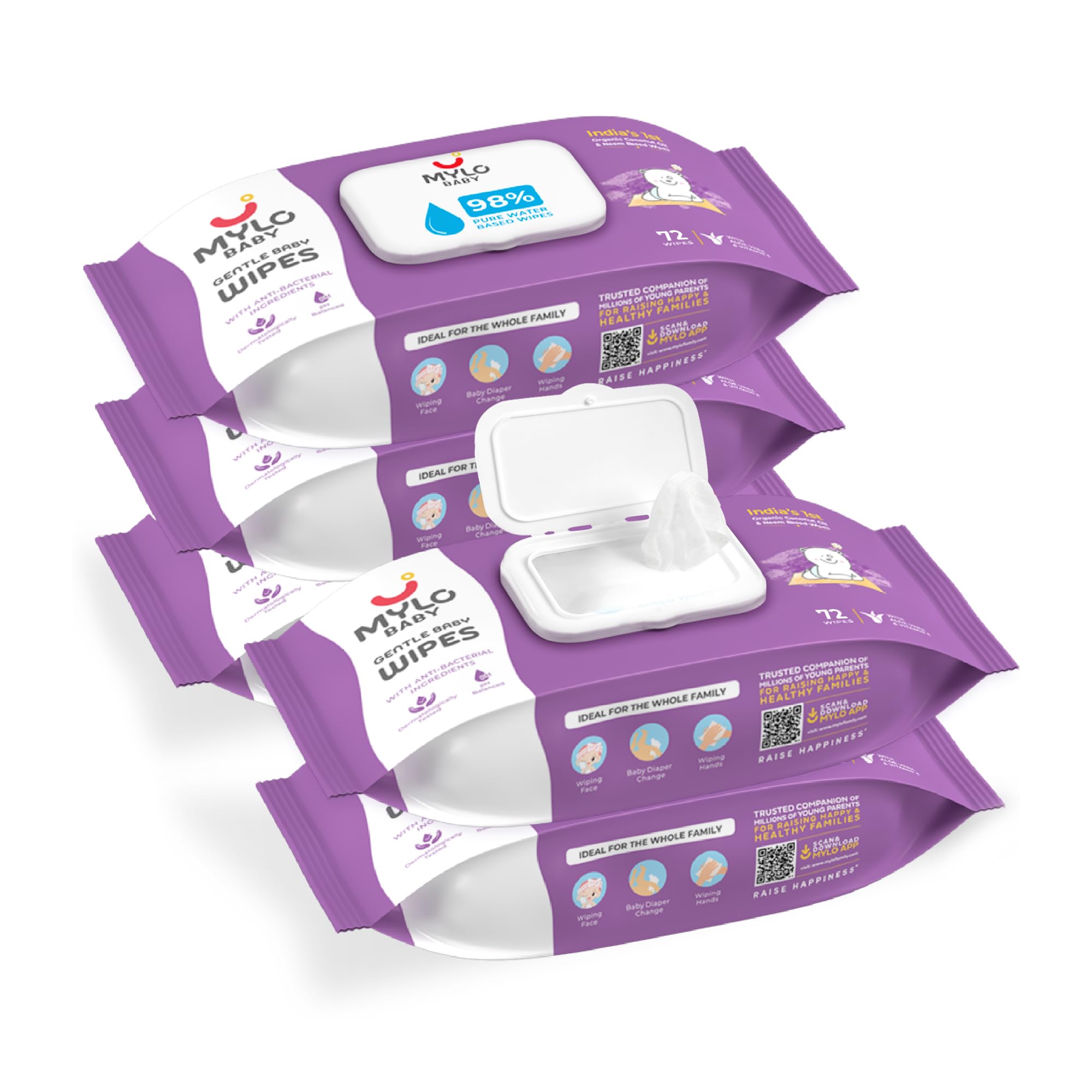 Mylo Baby Gentle Baby Wipes (With Lid - Pack of 5), Moisturizing Baby Wipes with 98% Pure Water, Organic Coconut Oil & Neem (80 wipes x 5 packs) | Vitamin E, Aloe Vera | No Parabens, No Alcohol