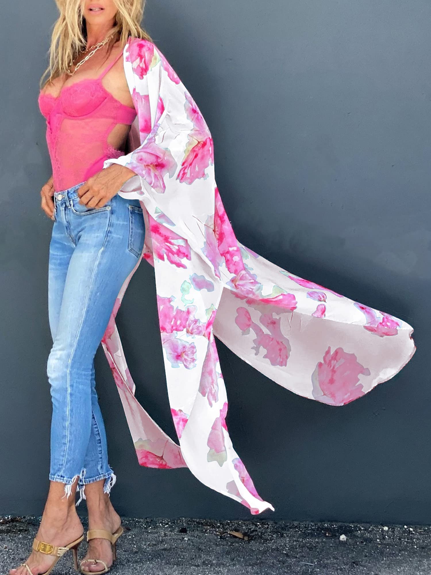 Chunoy Damski kwiatowy nadruk lekki szyfonowy kimono kardigan z krótkim rękawem luźna odzież plażowa okrycie bluzka top
