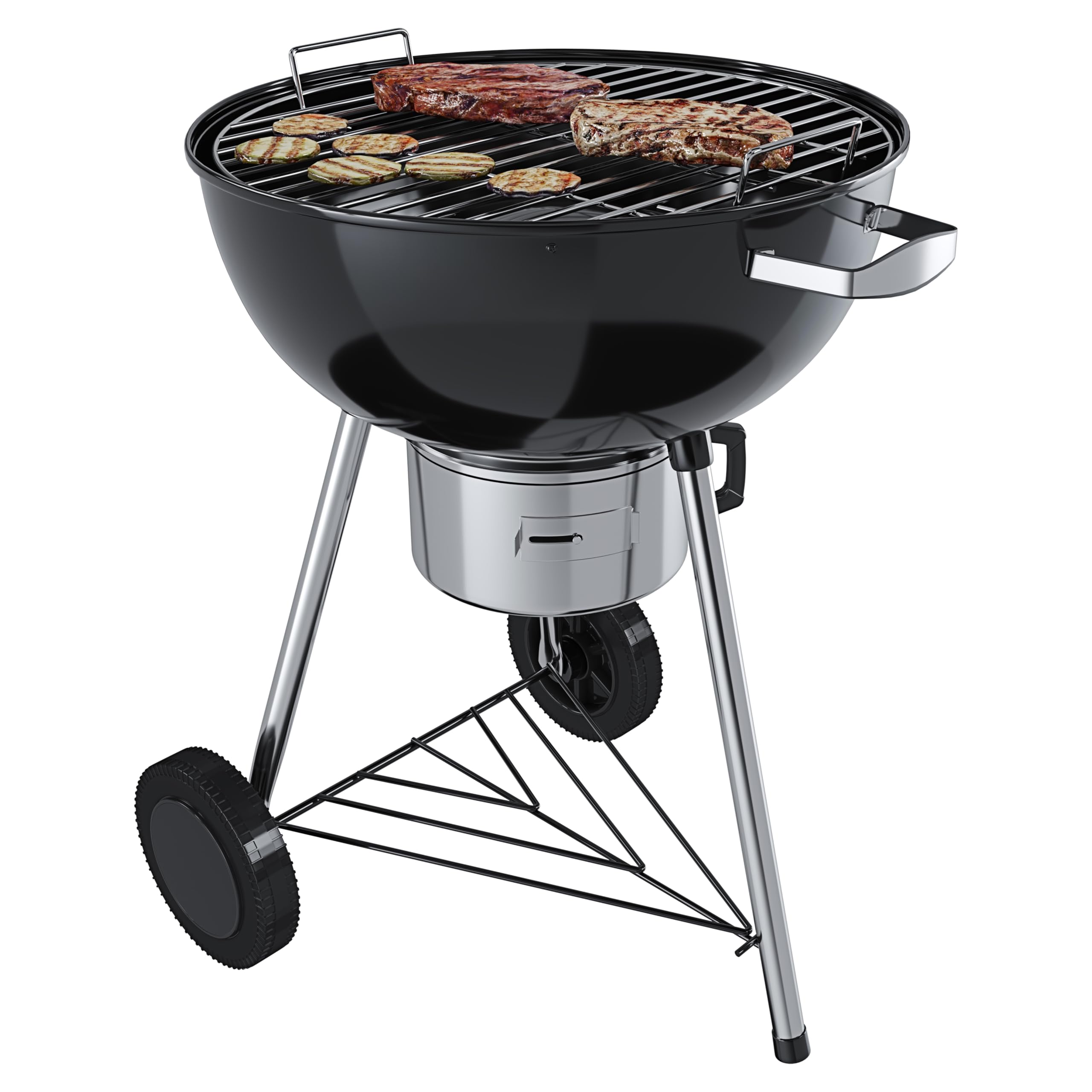 Barbecue 57 Cm Rotondo A Carbonella Carbone BBQ Portatile Compatto Grill Griglia Da Giardino Picnic Balcone Terrazzo Con Coperchio Ruote E Termometro Integrato Colore Nero