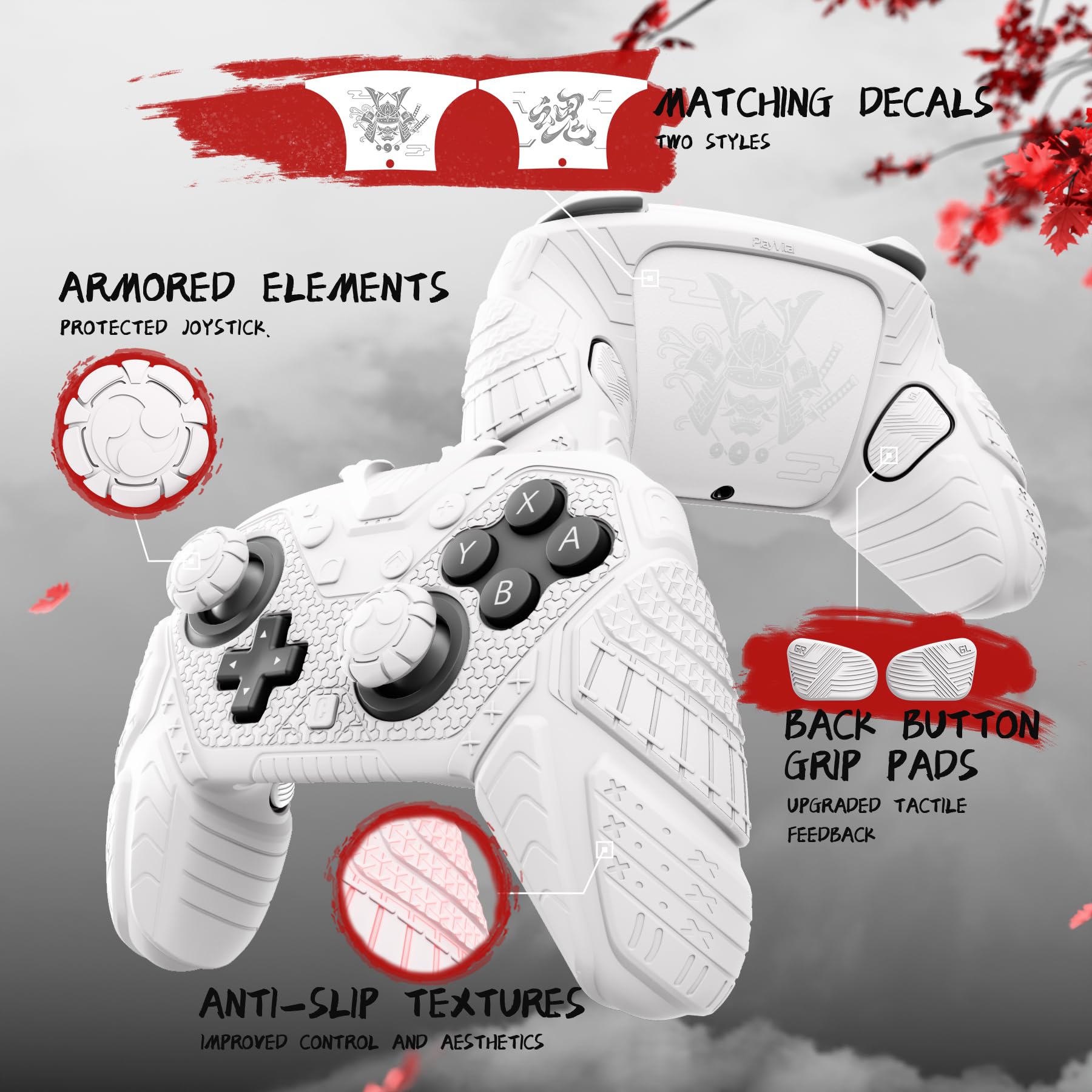 playvital Cover Controller per Nintendo Switch 2 PRO Joystick Custodia Silicone Grip Antiscivolo & Copri Analogici & Tasti Posteriori & Adesivi, Accessori per Switch 2 PRO, Samurai Armor-Bianco
