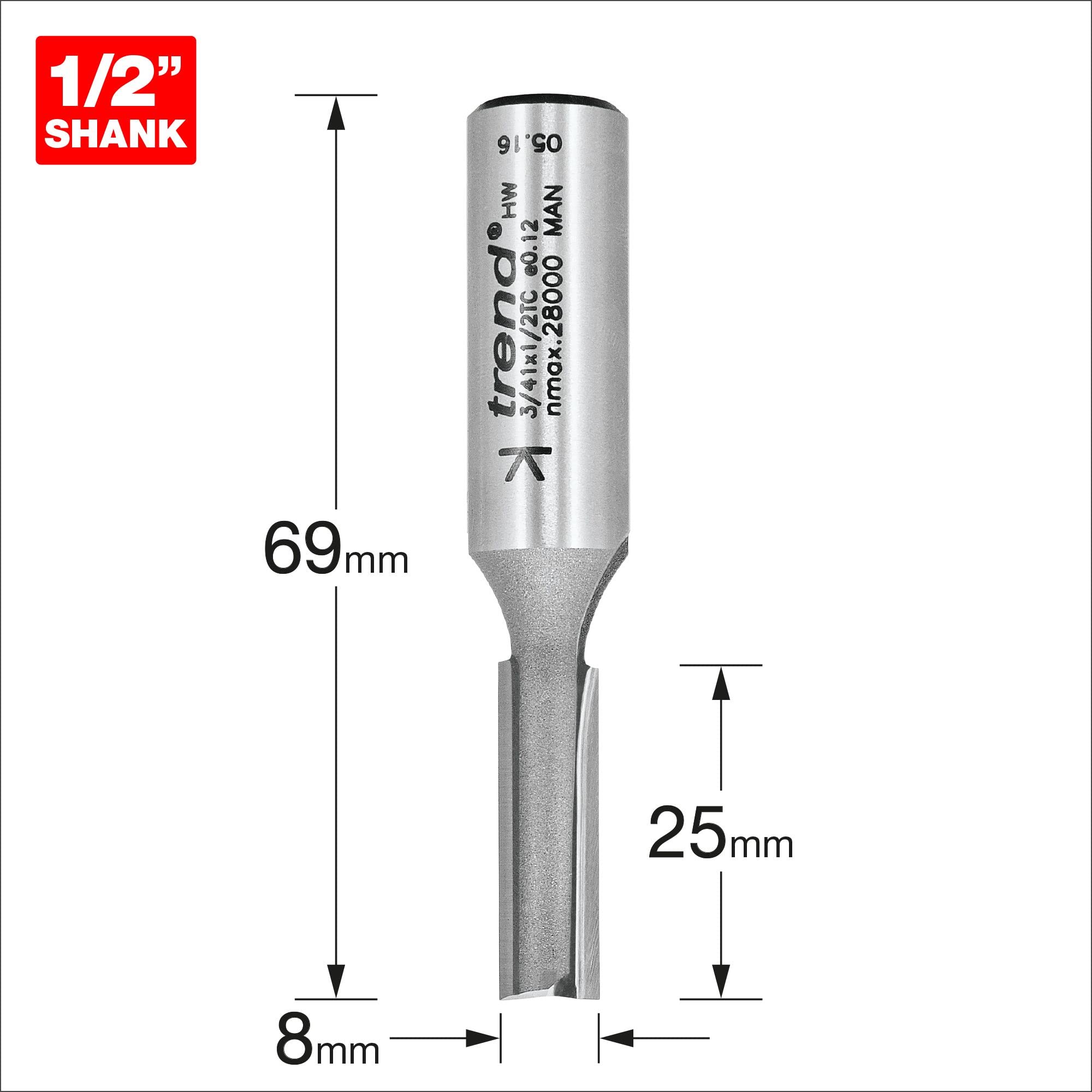 Trend Professionnel Fraise Droite Deux Flûtes, Queue 1/2 Pouce, Diamètre de Coupe 8mm, Longueur de Coupe 25mm, Plaquettes Carbure de Tungstène, 3/41X1/2TC