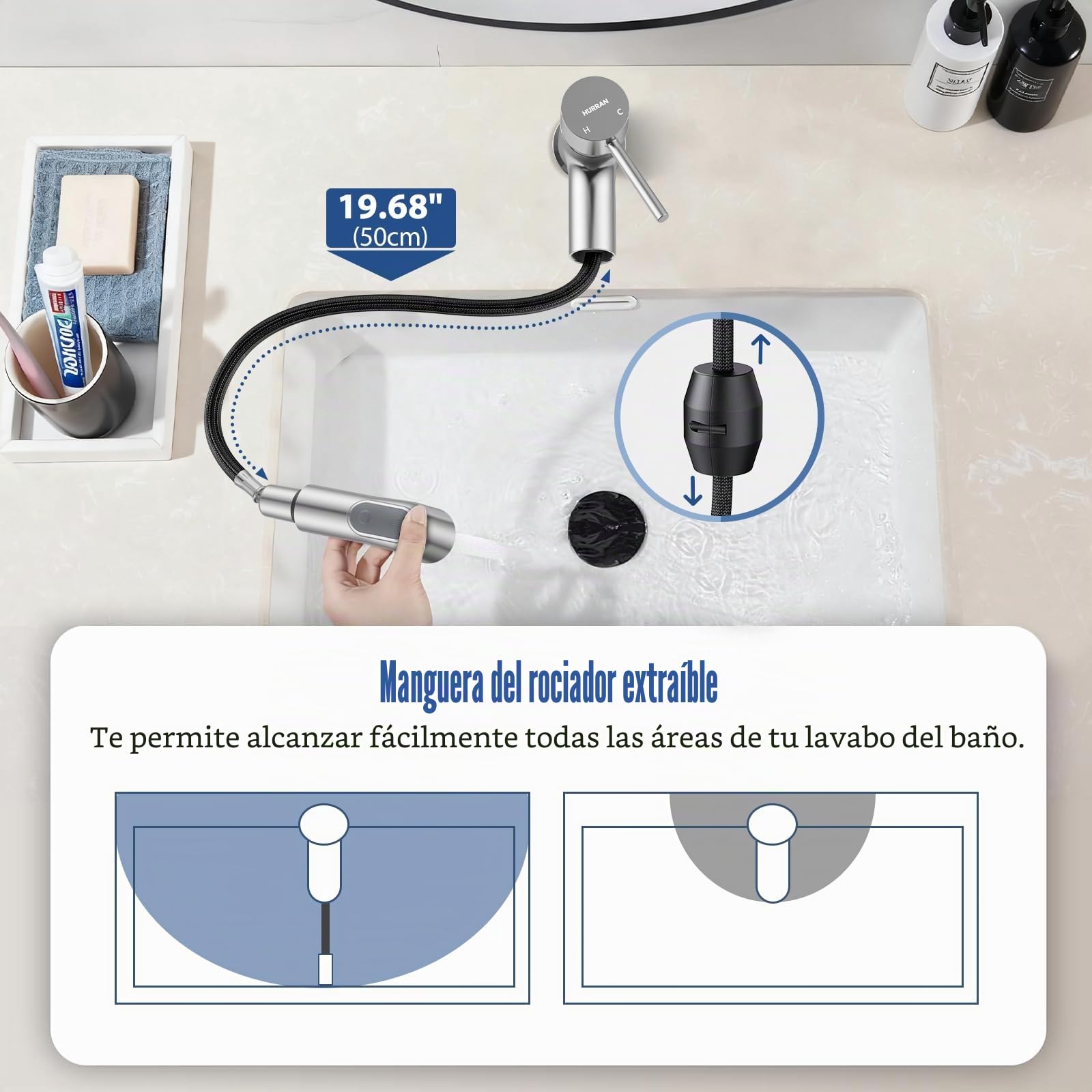 HURRAN Grifo de Baño con Cabezal Extraíble, Monomando para Lavabo con 2 Modos, Grifo para Fregadero de Uso General, Acero Inoxidable, Niquelado Cepillado