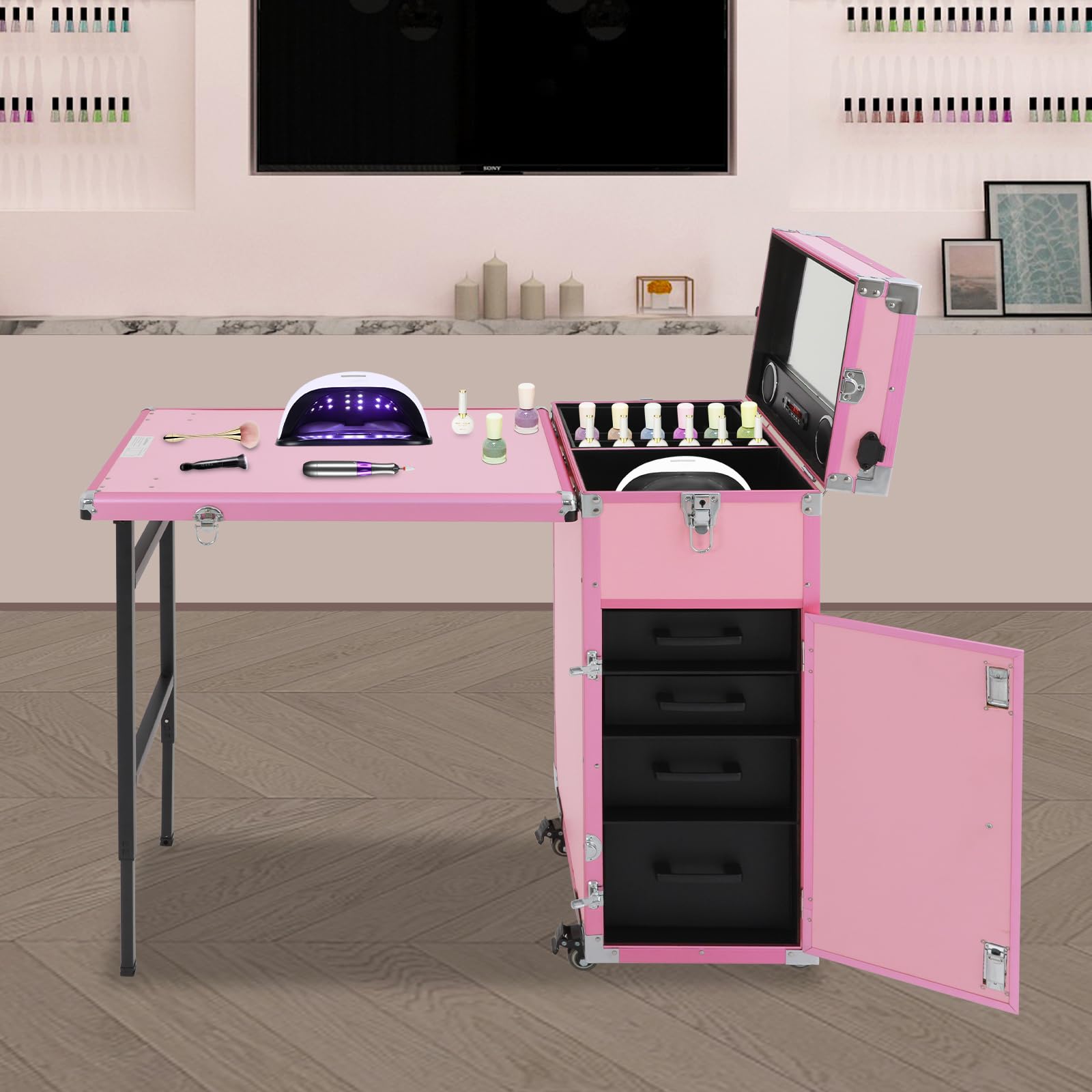 Kosmetik Trolley mit Tisch und 4 Schubladen, Tragbarer Nageltisch | Mobiler Manikürtisch mit Rollen, Faltbarer Reise-Nageltisch für Mobile Beauty-Studios und Outdoor-Einsatz