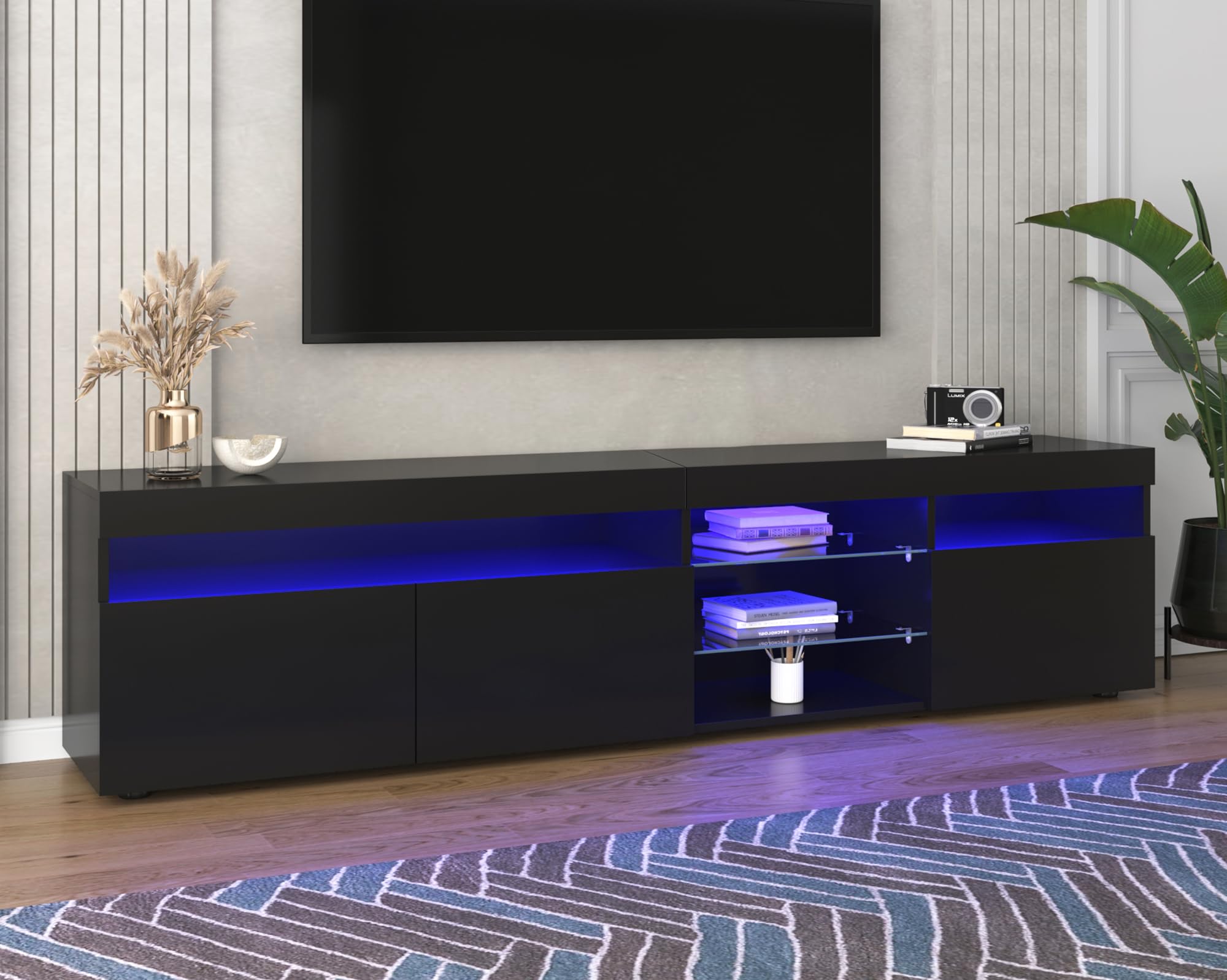 Moimhear Hogar y Vivienda, Muebles, Sala de Estar, Moderno Mueble de TV, Panel Brillante, iluminación LED Variable, salón y Comedor 180 cm (Negro)