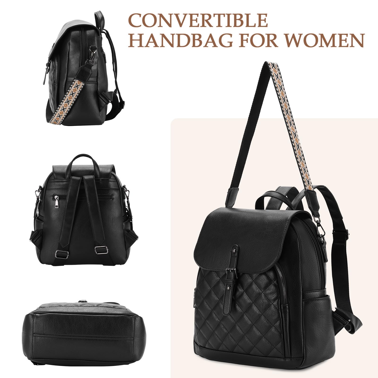 Chase Chic Bolso Mochila Mujer, Mochila de Cuero Pu Impermeable Mochila Antirrobo Bolsos de Hombro Bandolera Casual para Trabajo, Escuela y Viaje, Negro