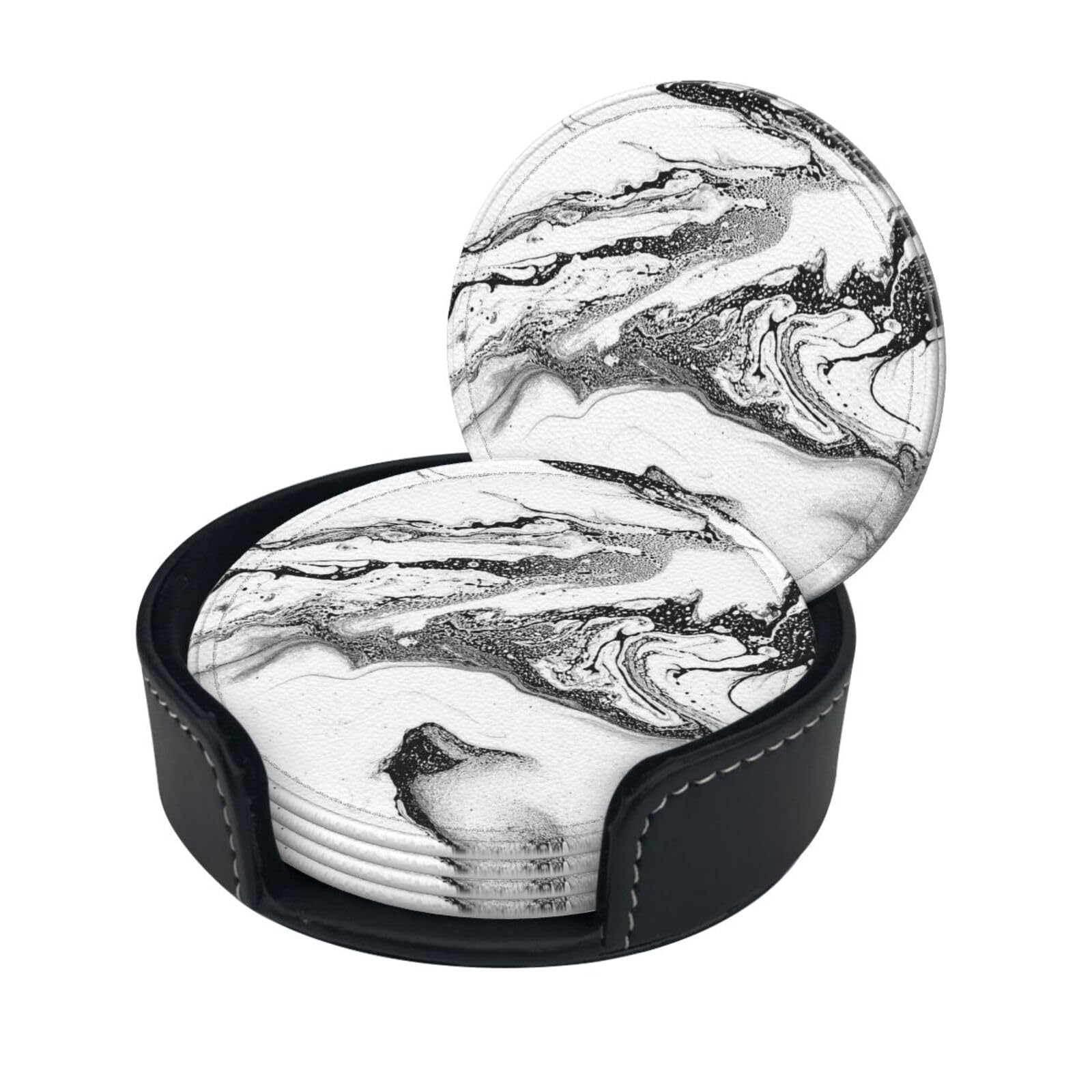 Lklddpzb White Black And Marble Print Round Leather Coasters - Set Of 6, Ultra-Fiber Pu Leather
