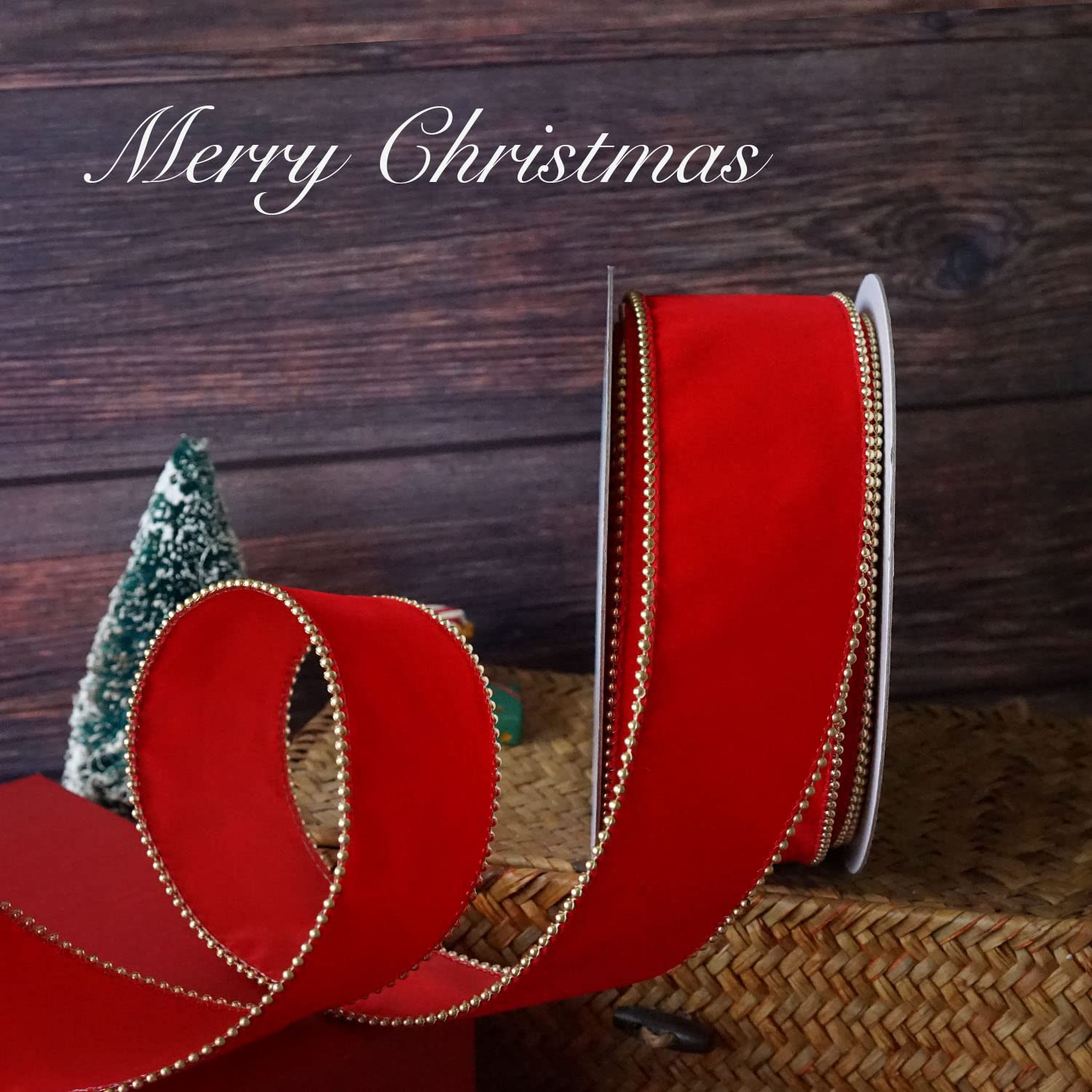 Rotes Samtband mit Draht und goldfarbenem Perlenrand, 6,4 cm, 20 m lang, Weihnachtsband mit Drahtkante (rot)