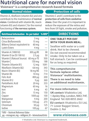 Miniatura 6 de Vitabiotics Visionace Original - Multivitamínico nutricional para la visión normal  Vitaminas A, B2 y Zinc - 30 Tabletas
