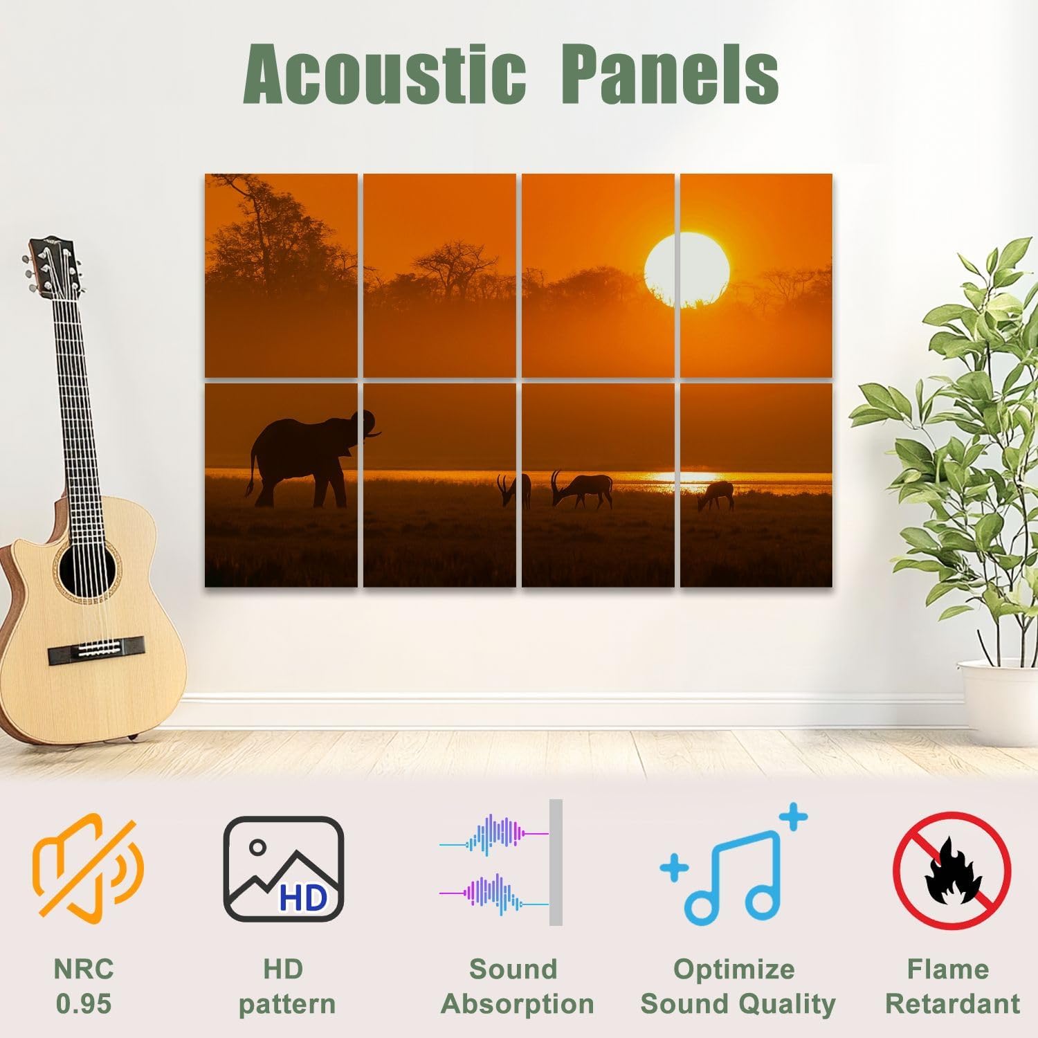 8 Pack Art Acoustic Panels Self Adhesive Sunset Decorative Soundproof Wall Panels Sound Absorbing Panel 48"x32" for Office Home Studio